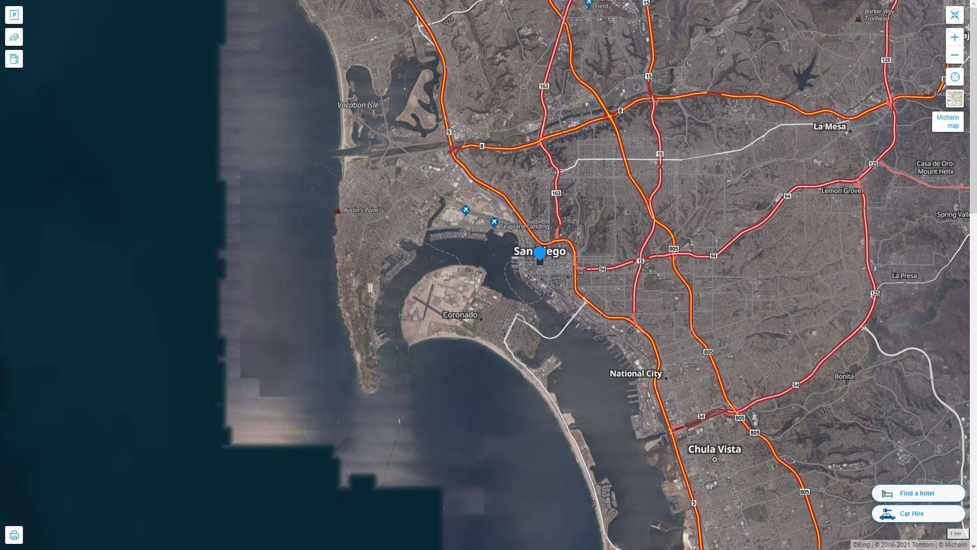 San Diego California highway and road Map with satellite view
