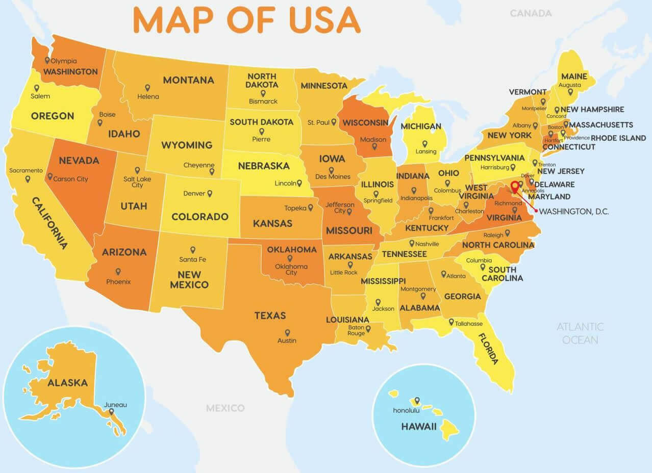 United States Capitals Map 24 Detailed map of the United States by capitals