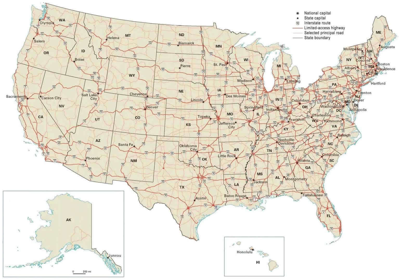 United States Capitals Map 30 United States capitals and highways map