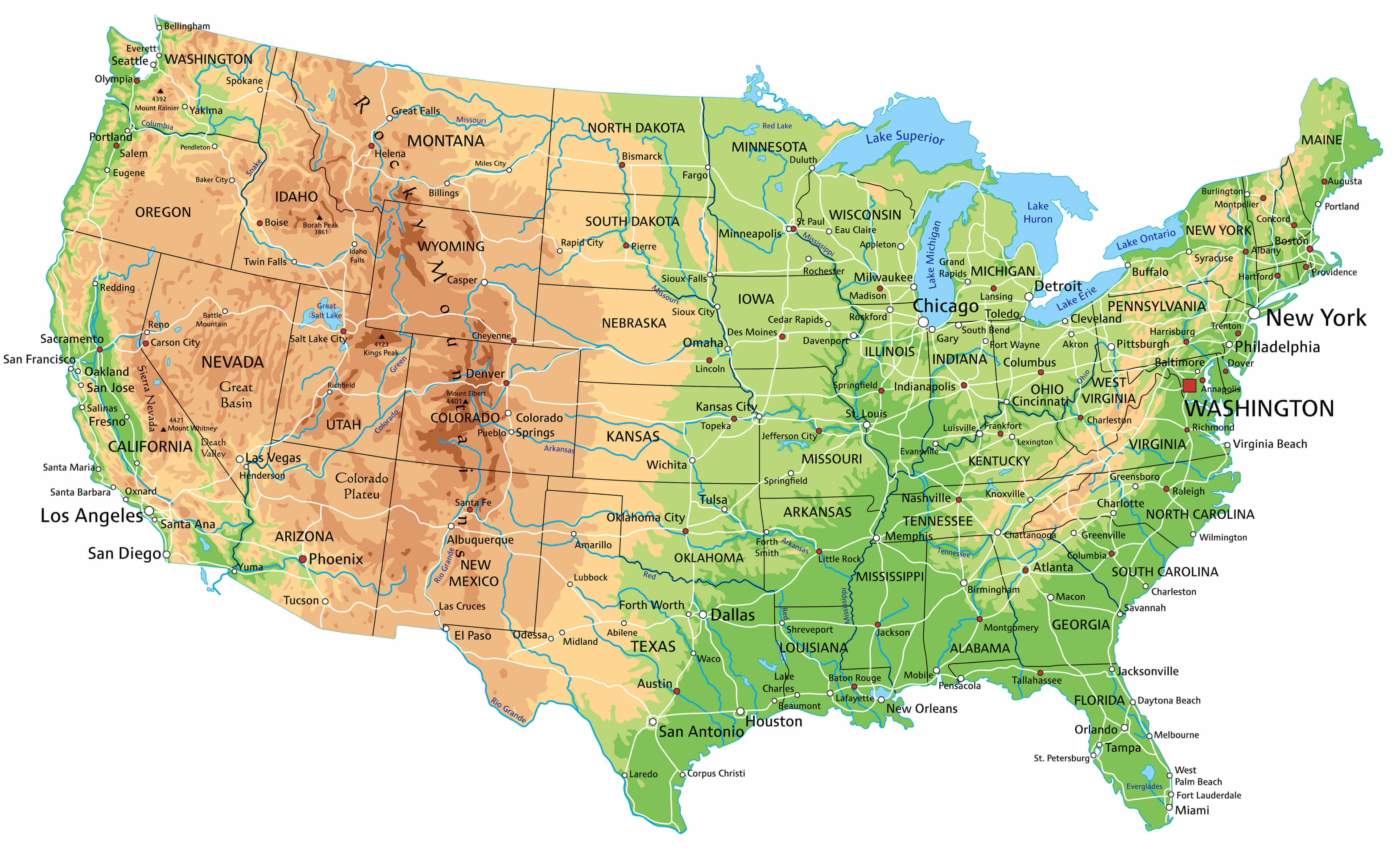 United States Capitals Map 38 United States physical cities map with state capitals