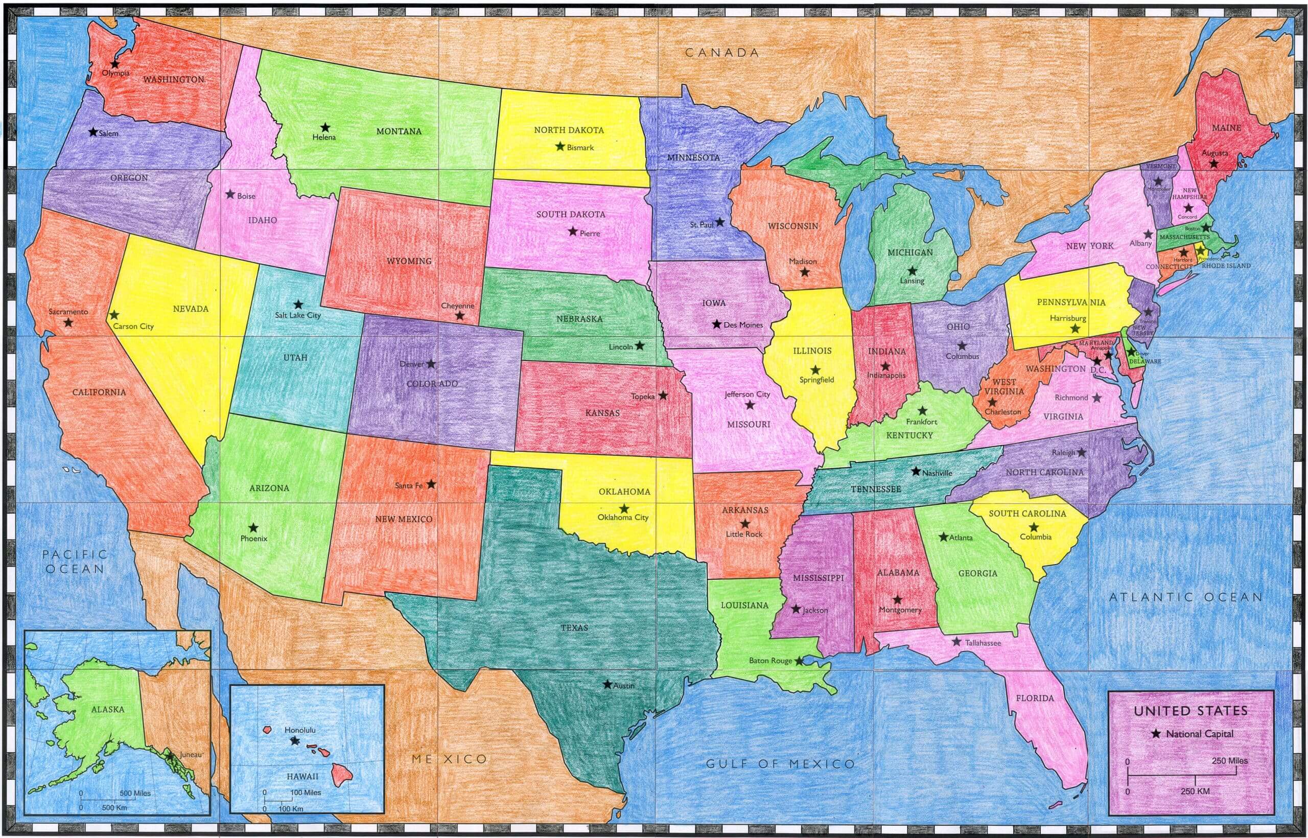 Colored United States cities map