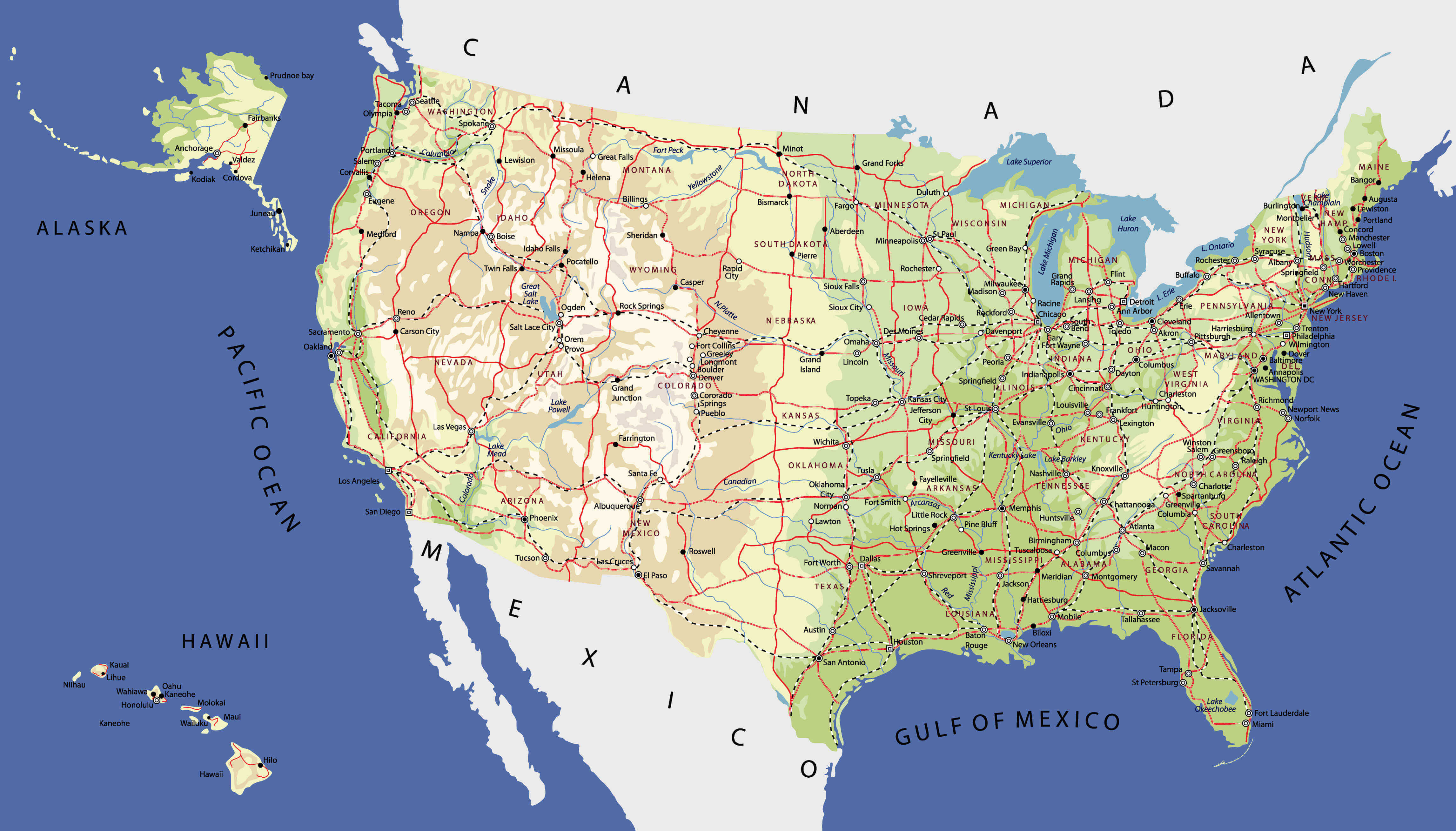 United States cities and physical map with Canada and Mexico