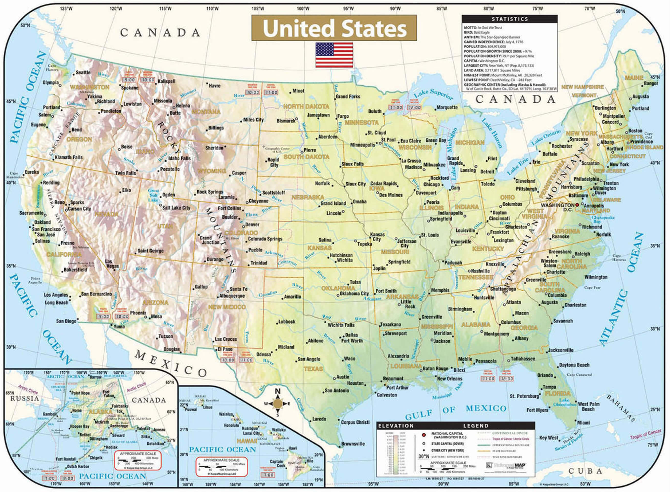 United States cities and physical map