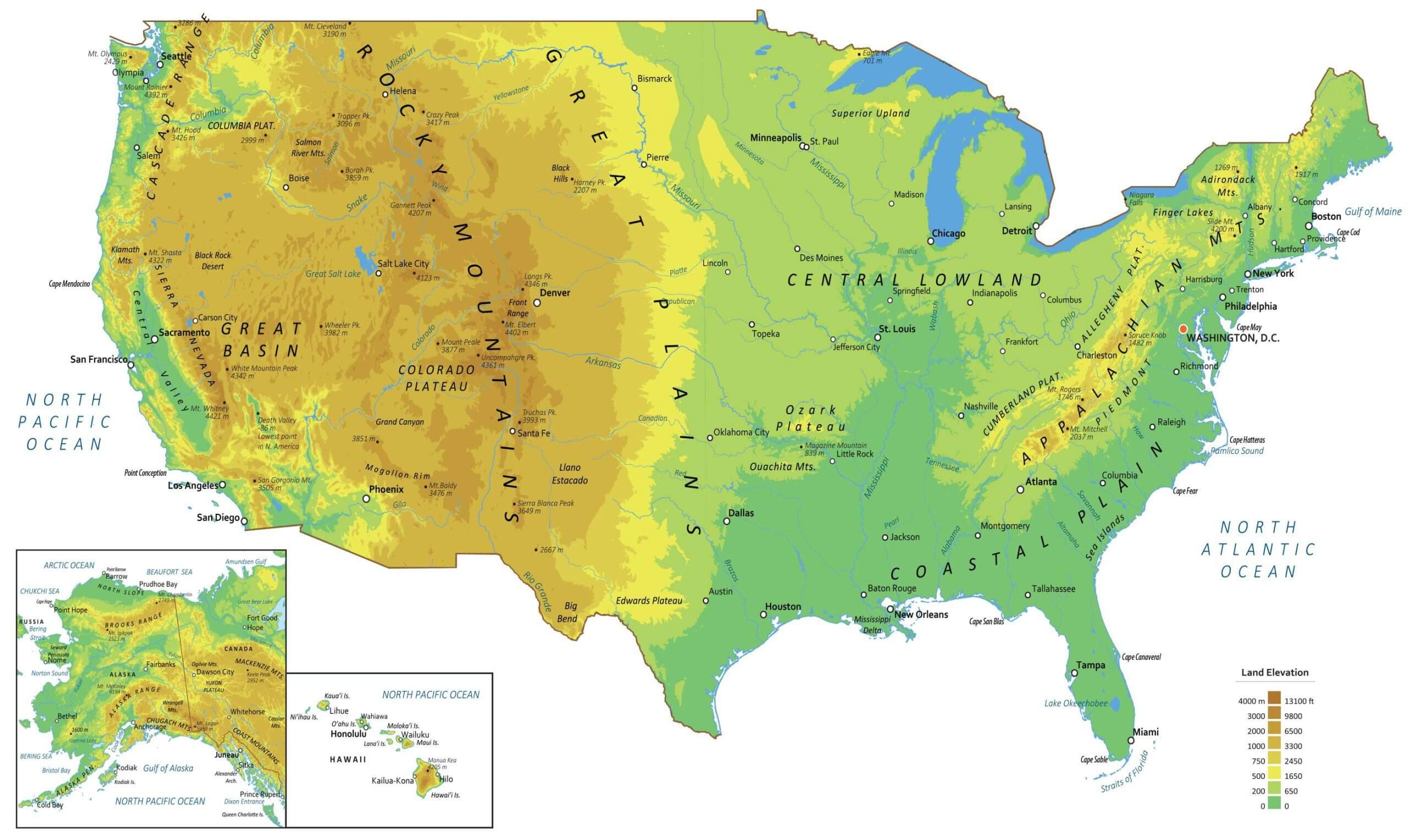 United States cities elevation map