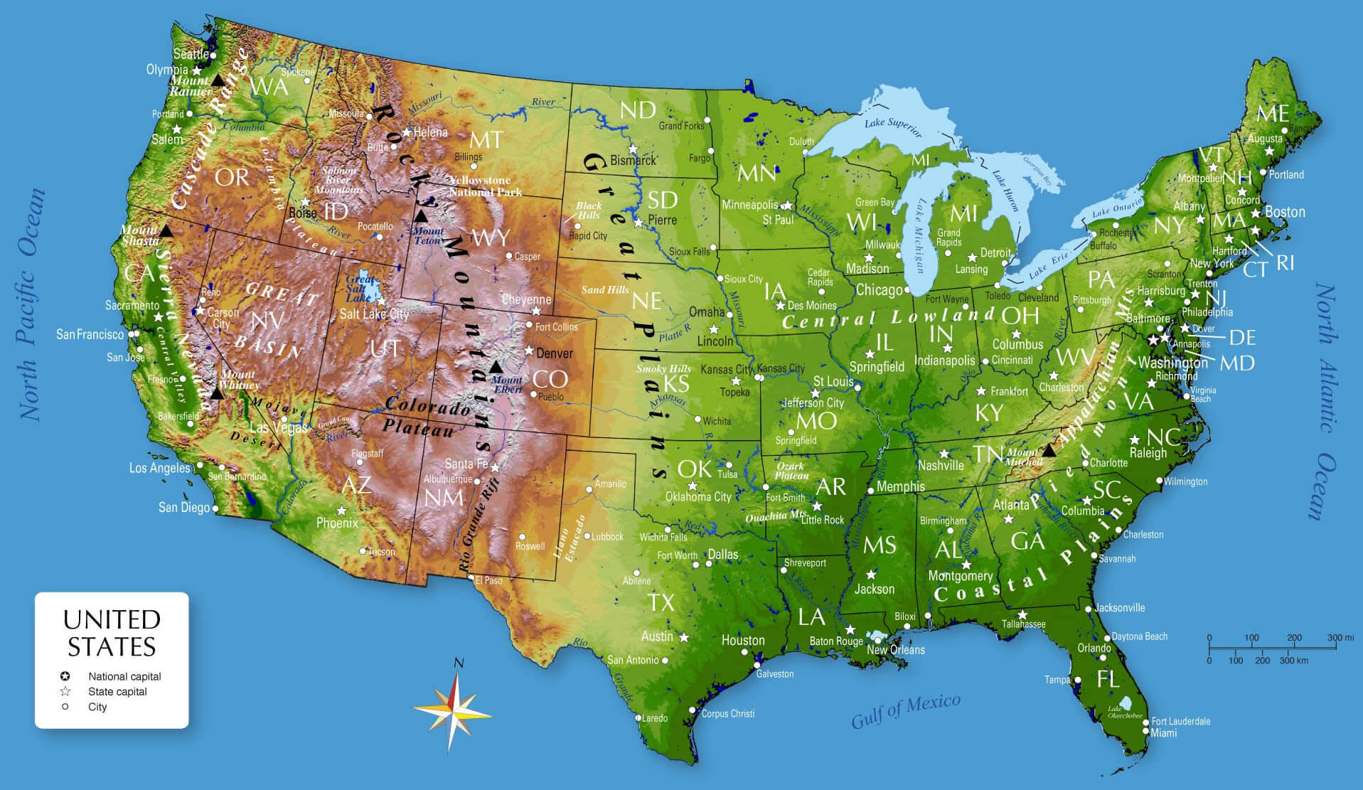 United States cities topography map
