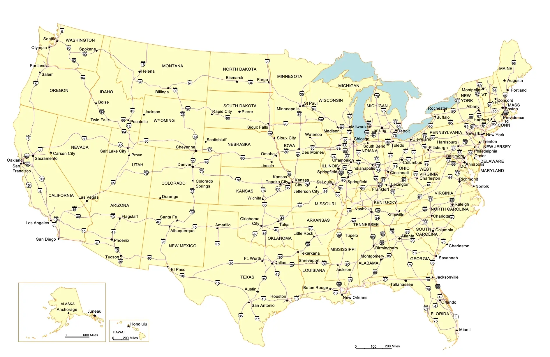 United States highways map with cities