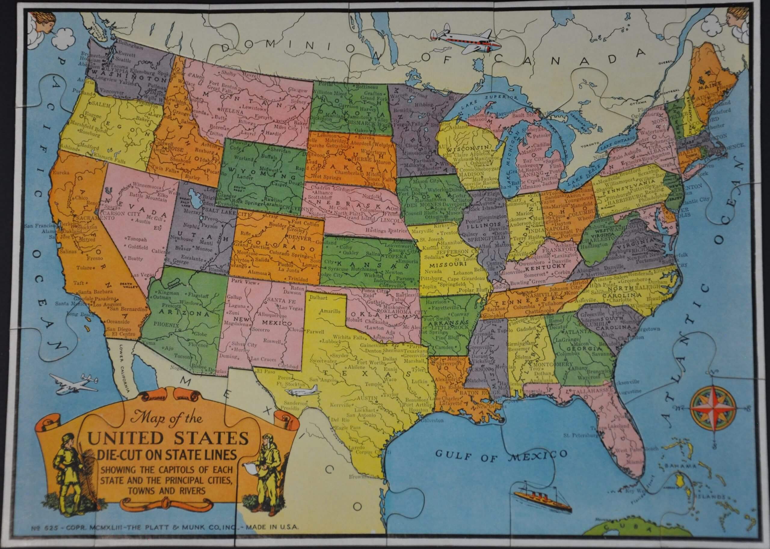 United States historical map with states and cities