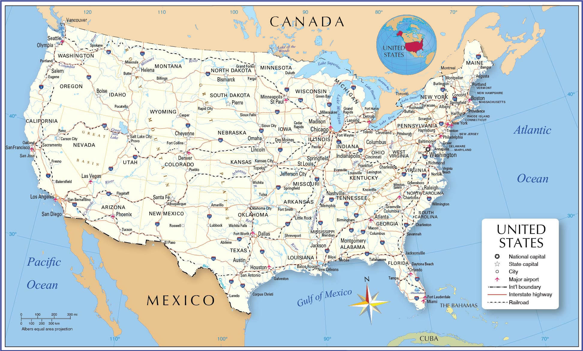 United States major cities and airports map