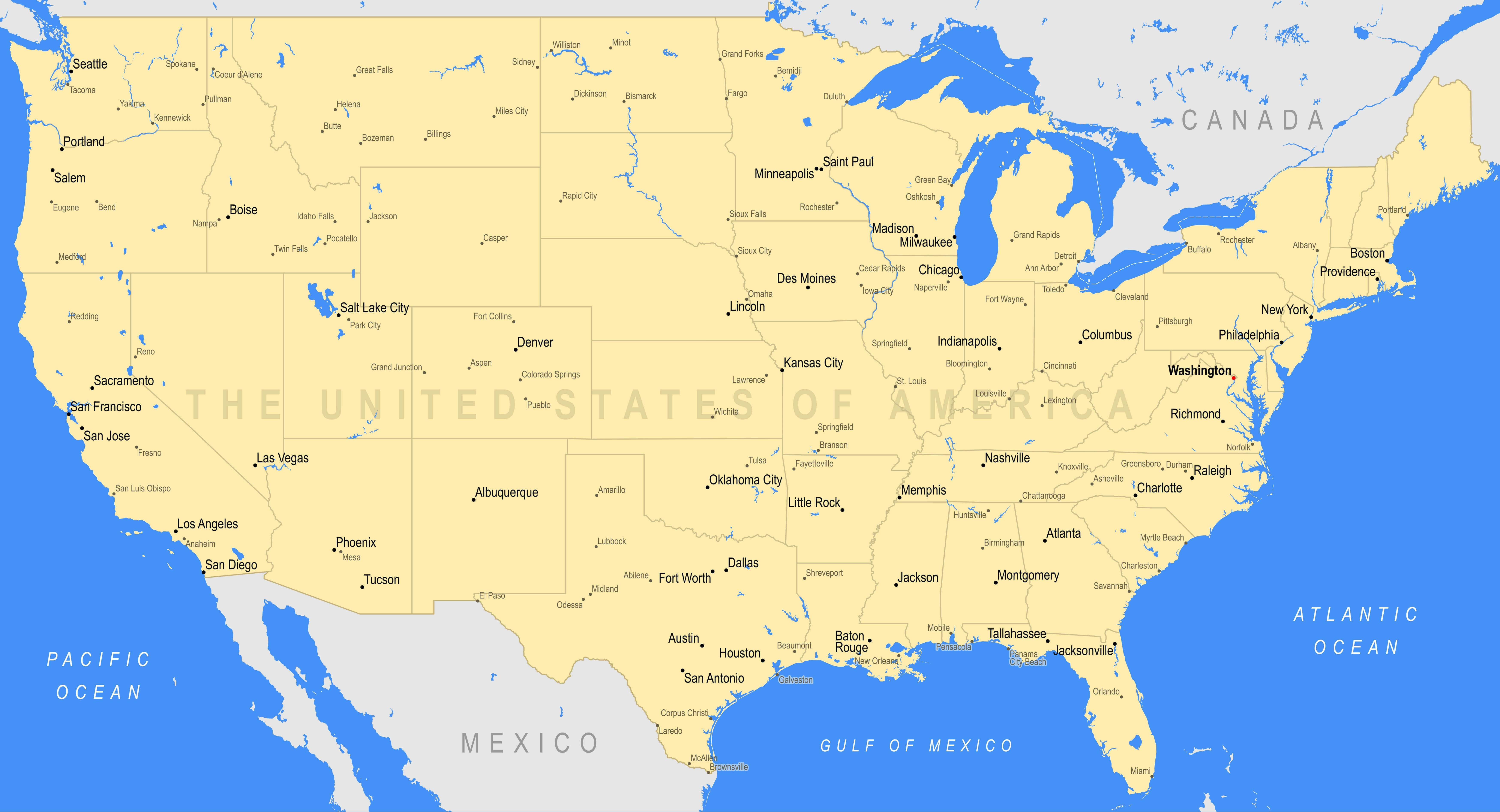 United States of america political map with main cities