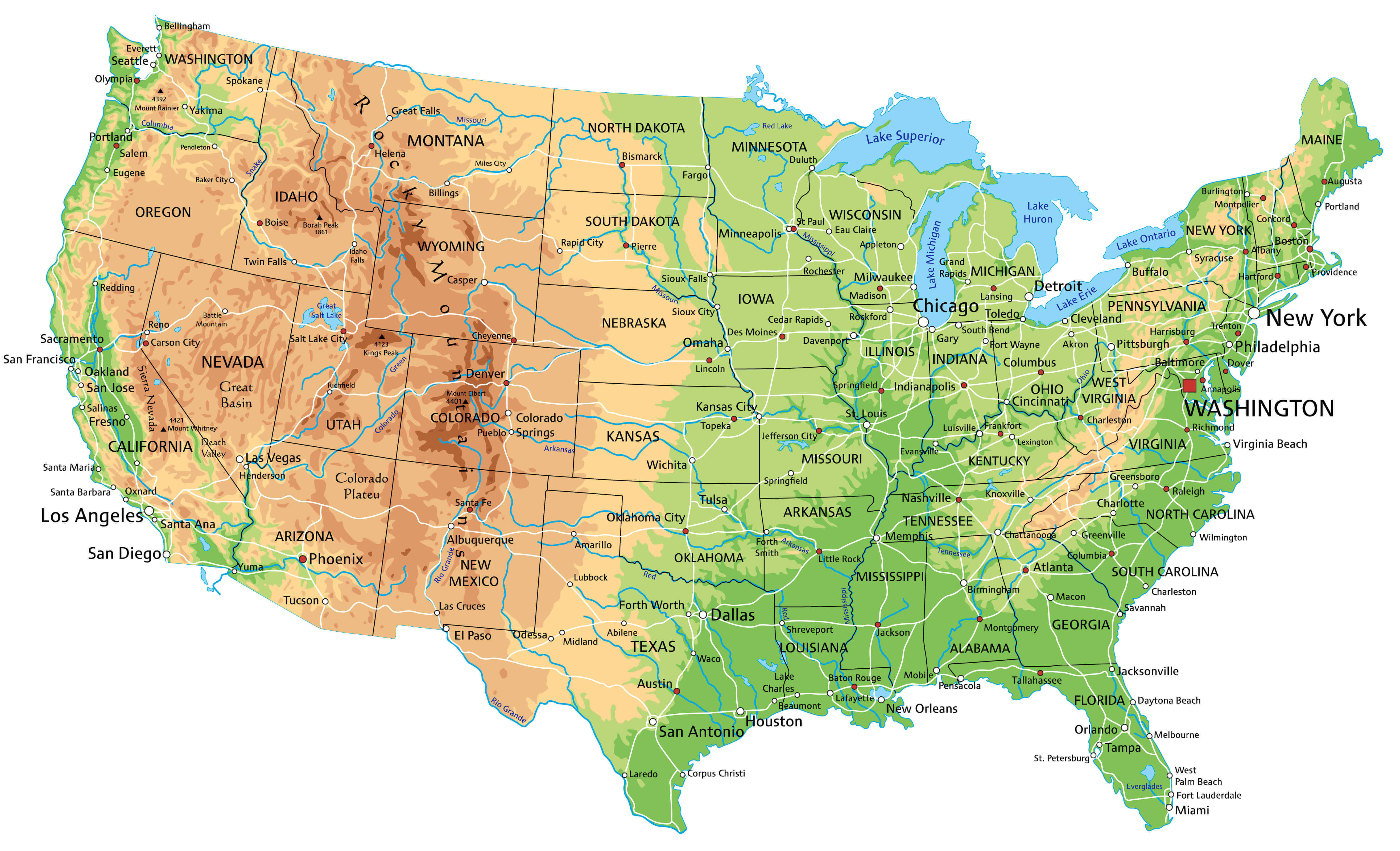 United States physical cities map