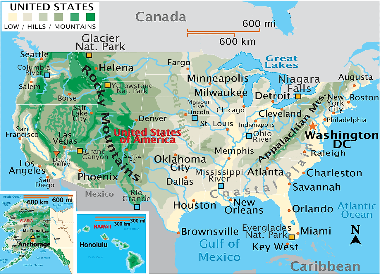 United States physical map by major cities