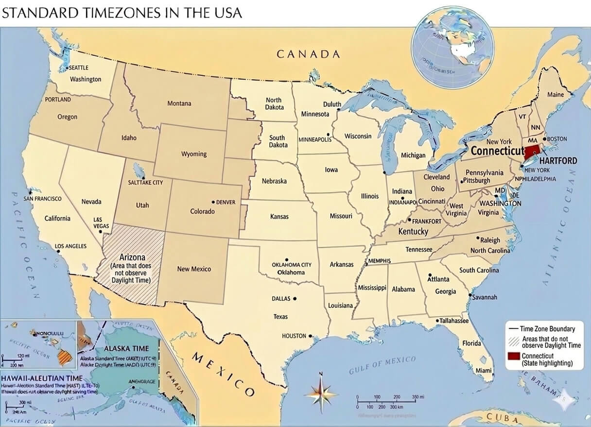 Connecticut time zone map