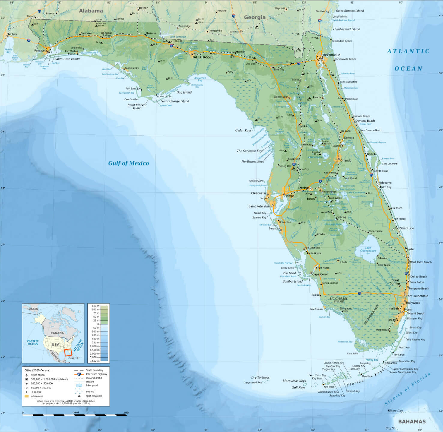 Florida cities map by population in the US