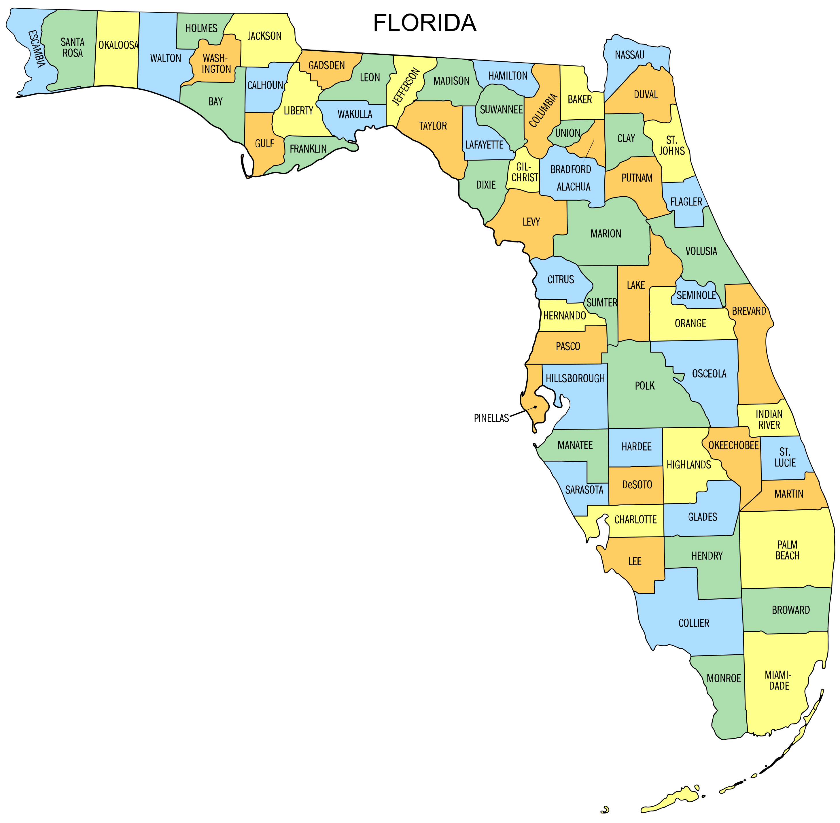 Florida county map with cities
