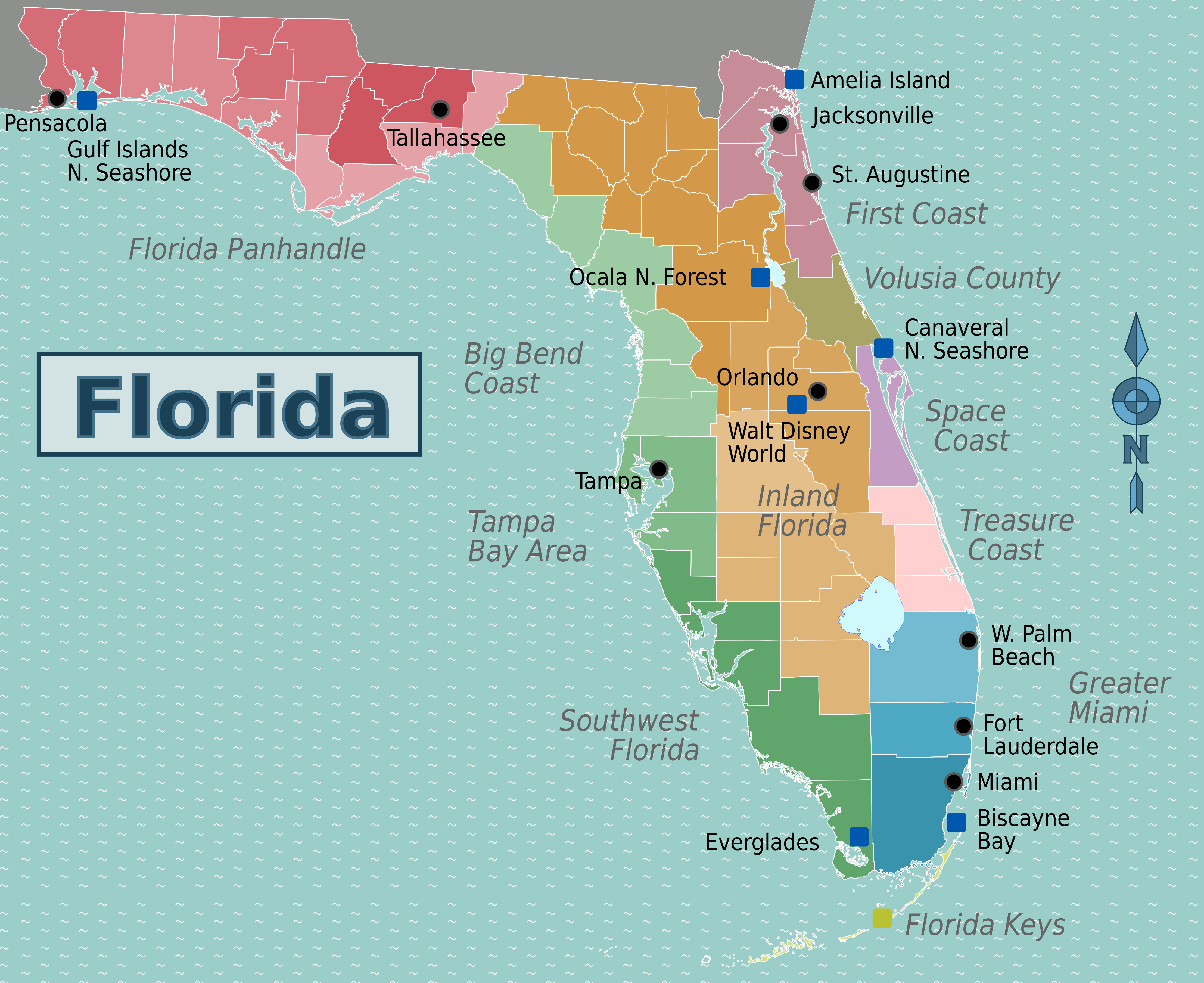 Florida major cities colorful map
