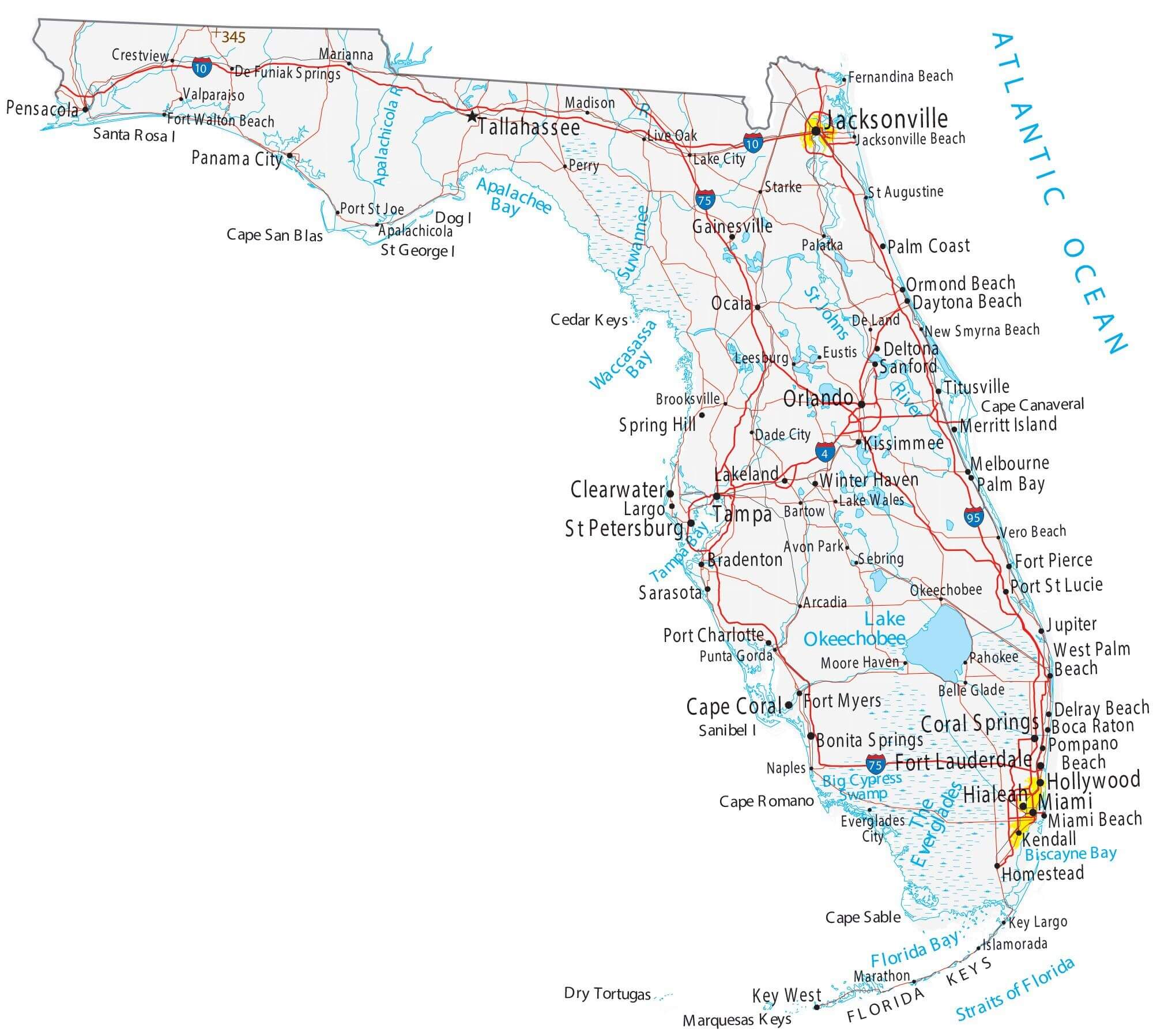 Florida road map with cities