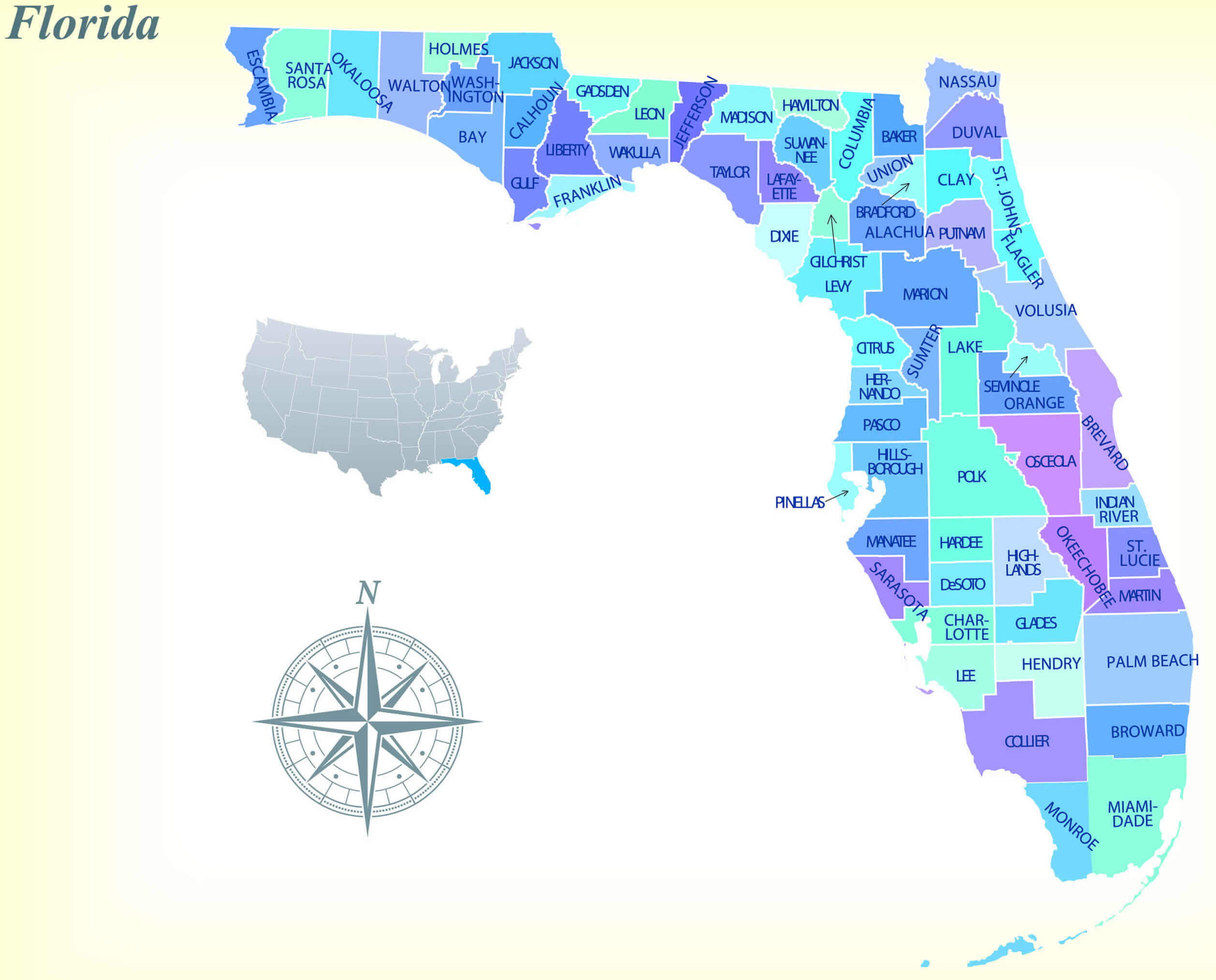 Florida state map with counties and cities