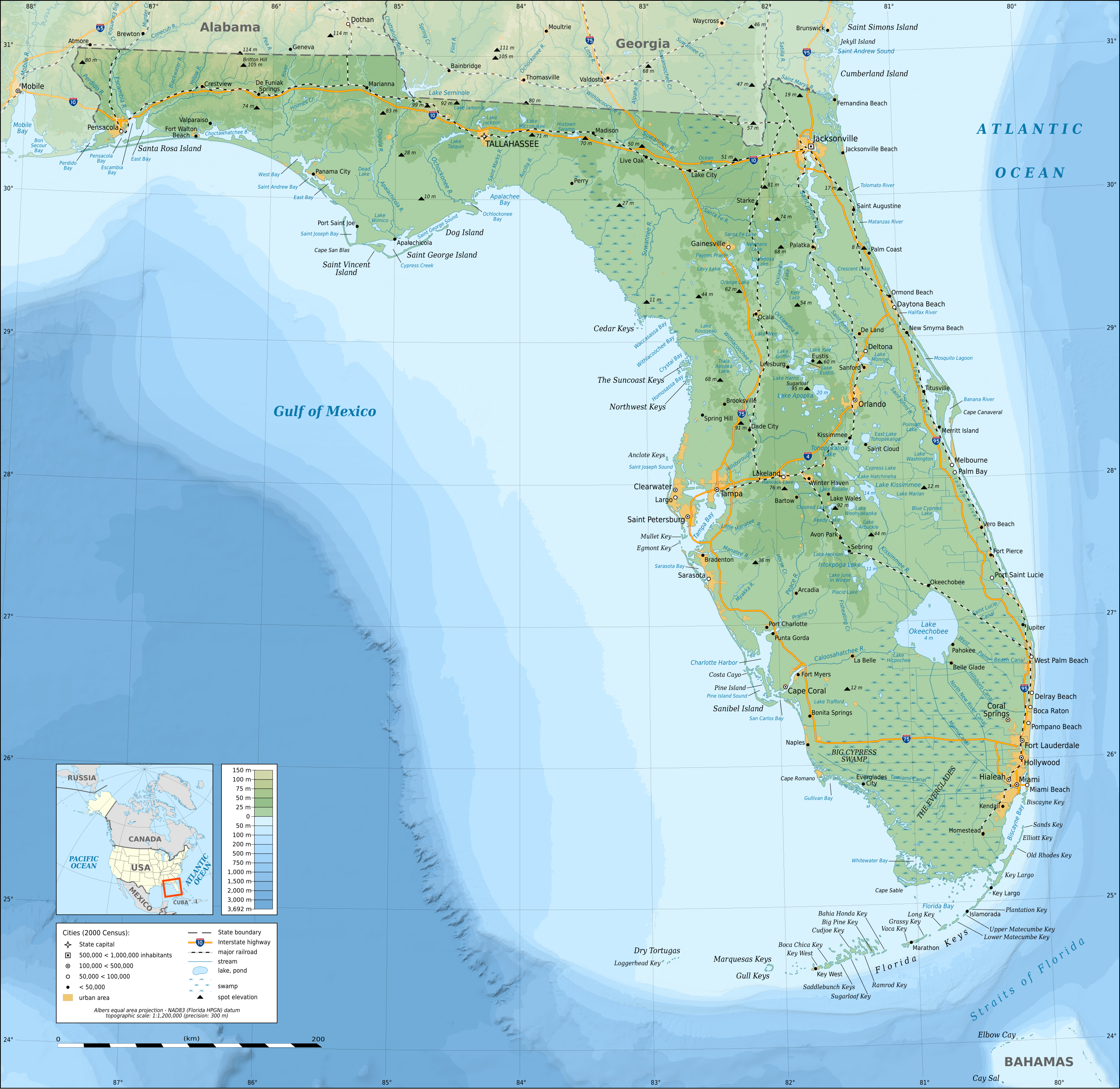 Florida topographic map with cities