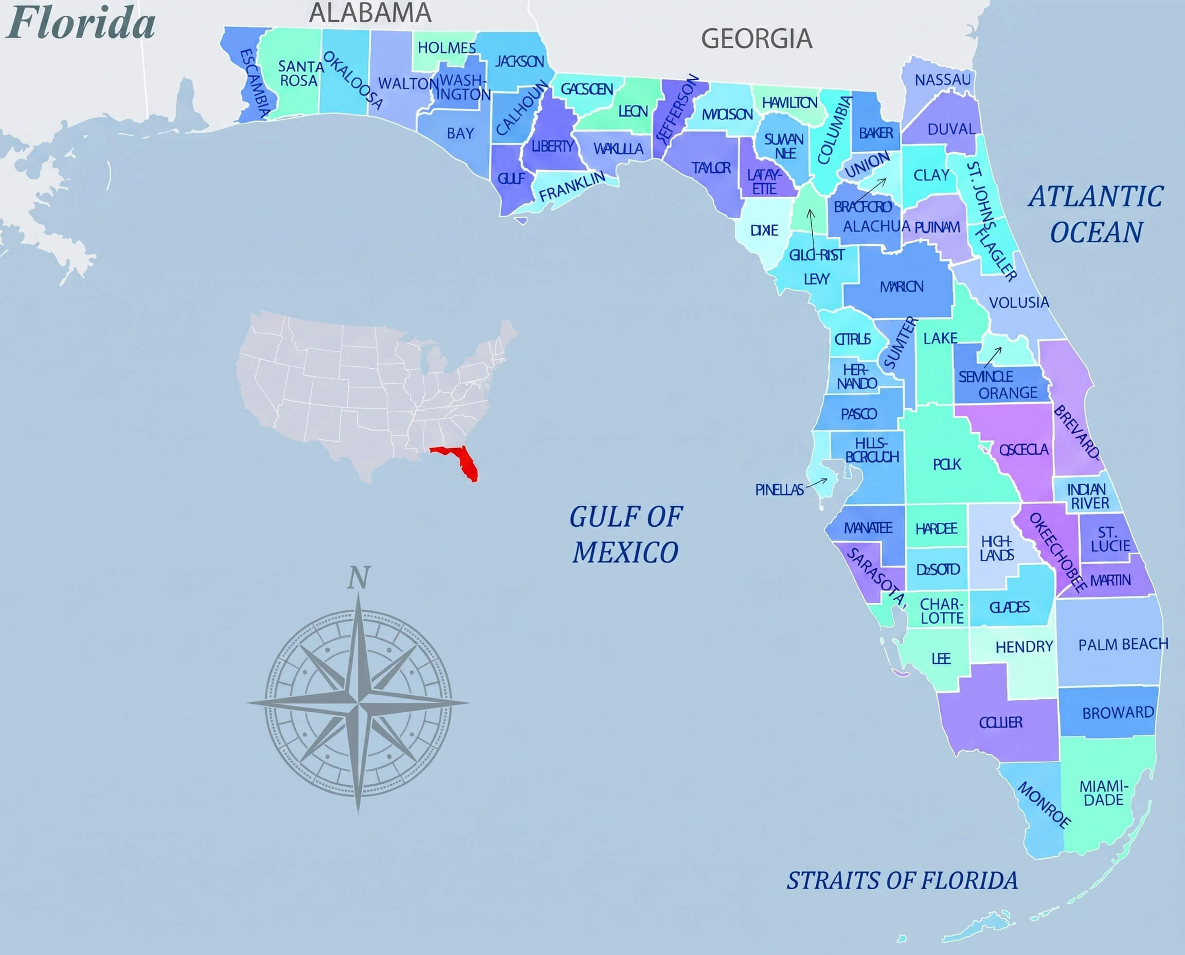 Florida county map multicolor