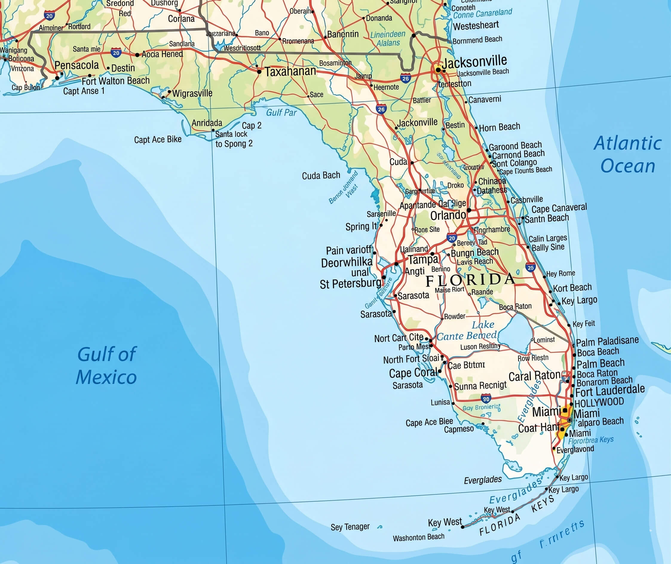 Florida detailed road map coastline