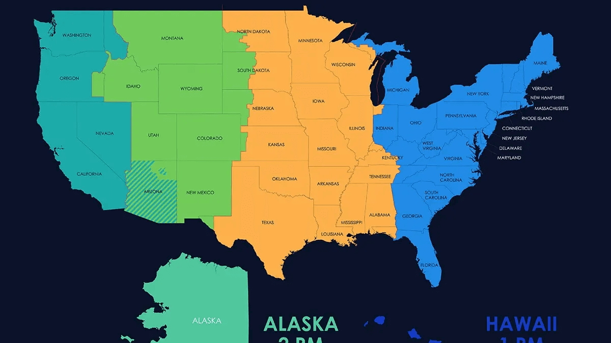 US states time zone map with Florida