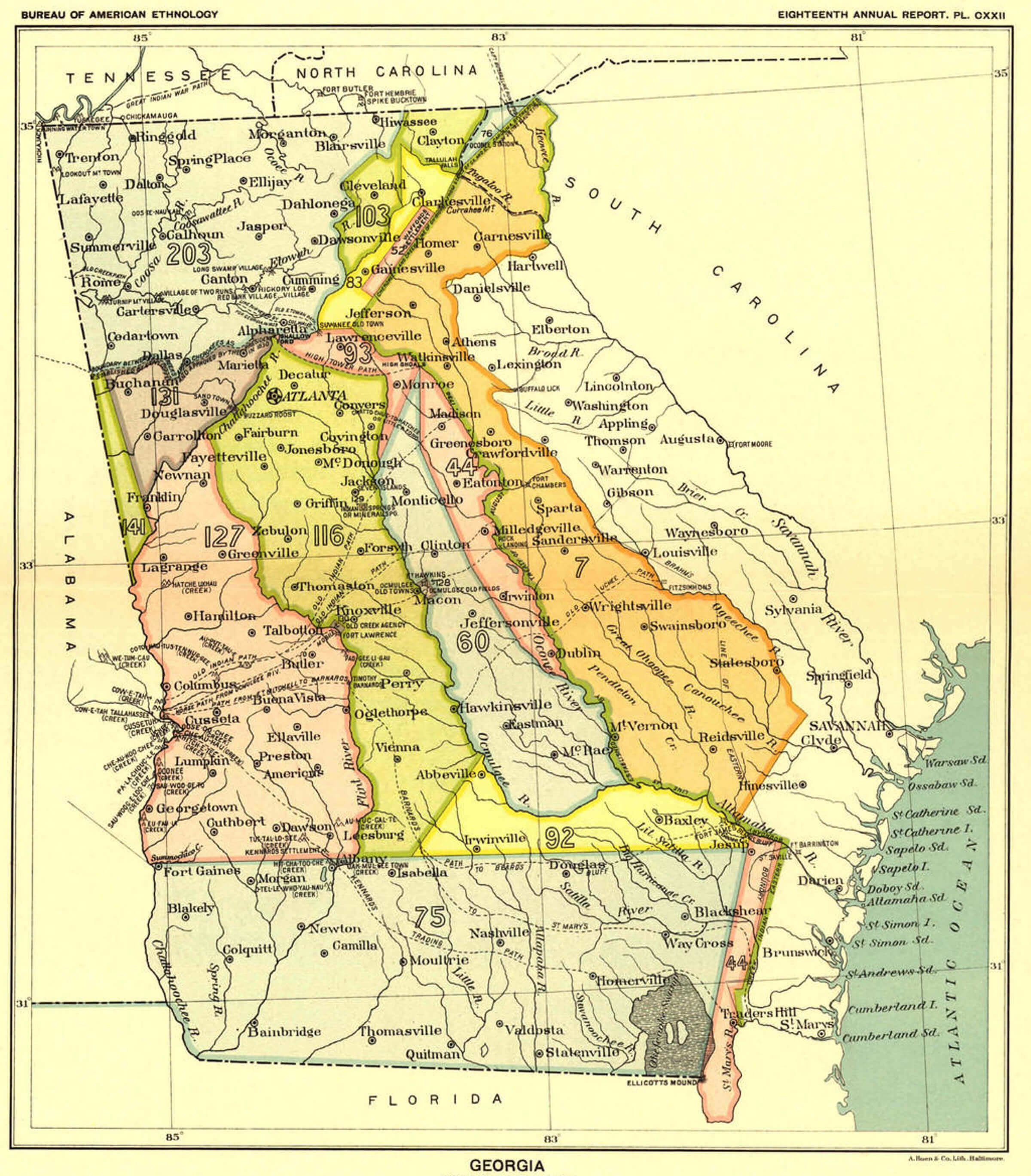 Cities historical map of Georgia indian lands 1896