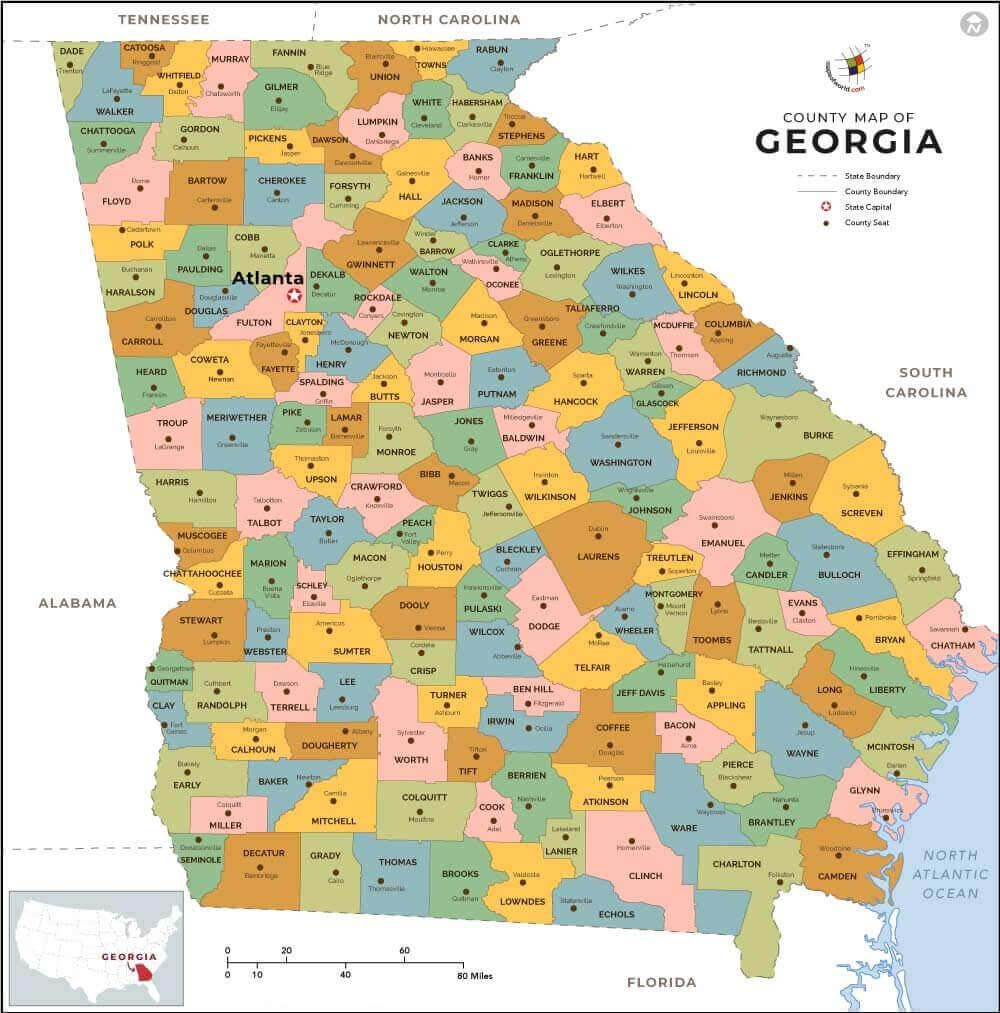County map of Georgia with cities