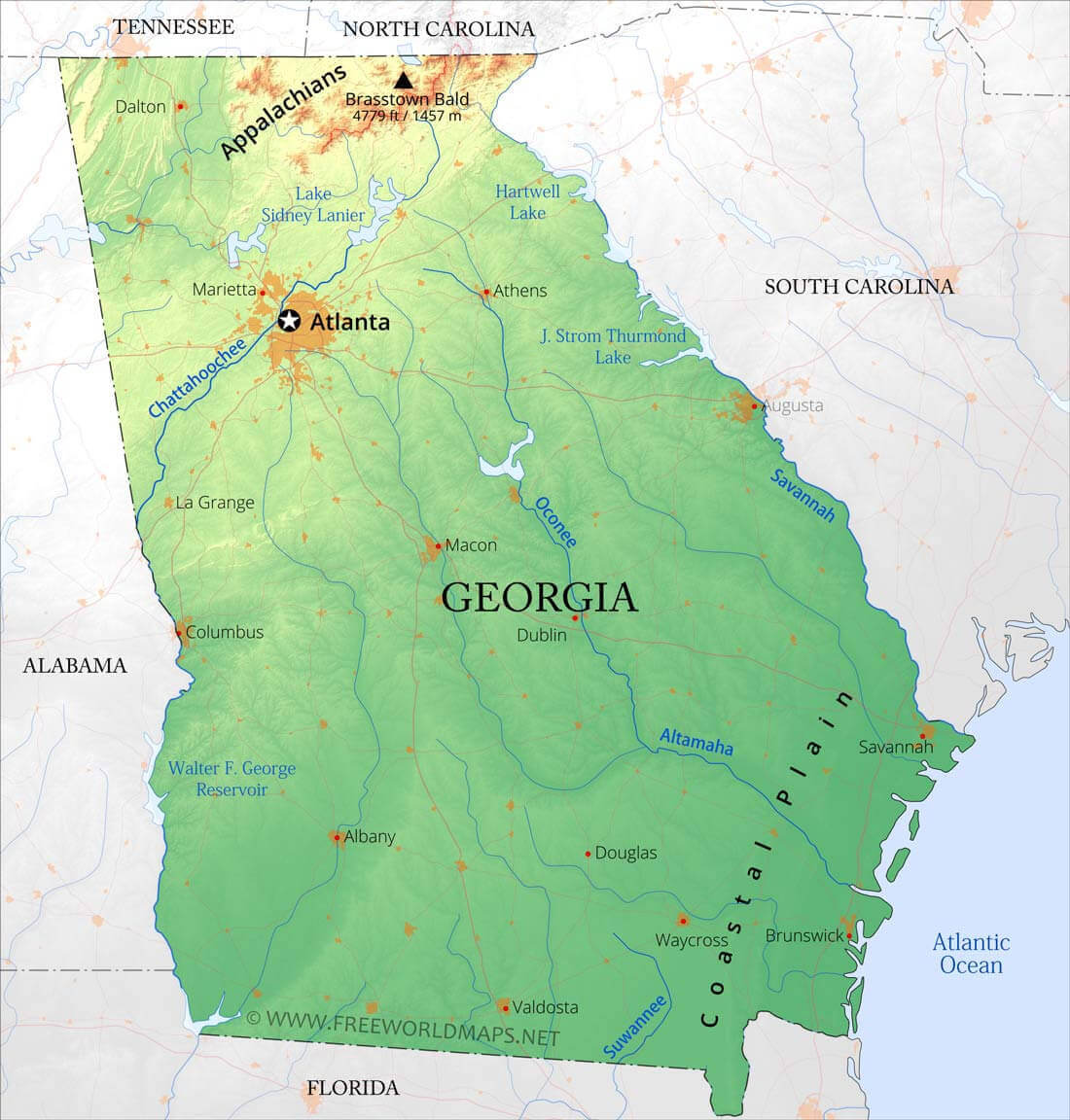 Georgia cities and physical map