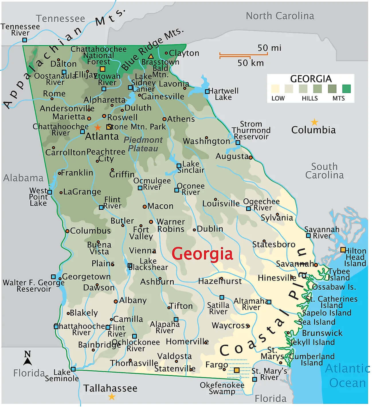 Georgia rivers map with major cities