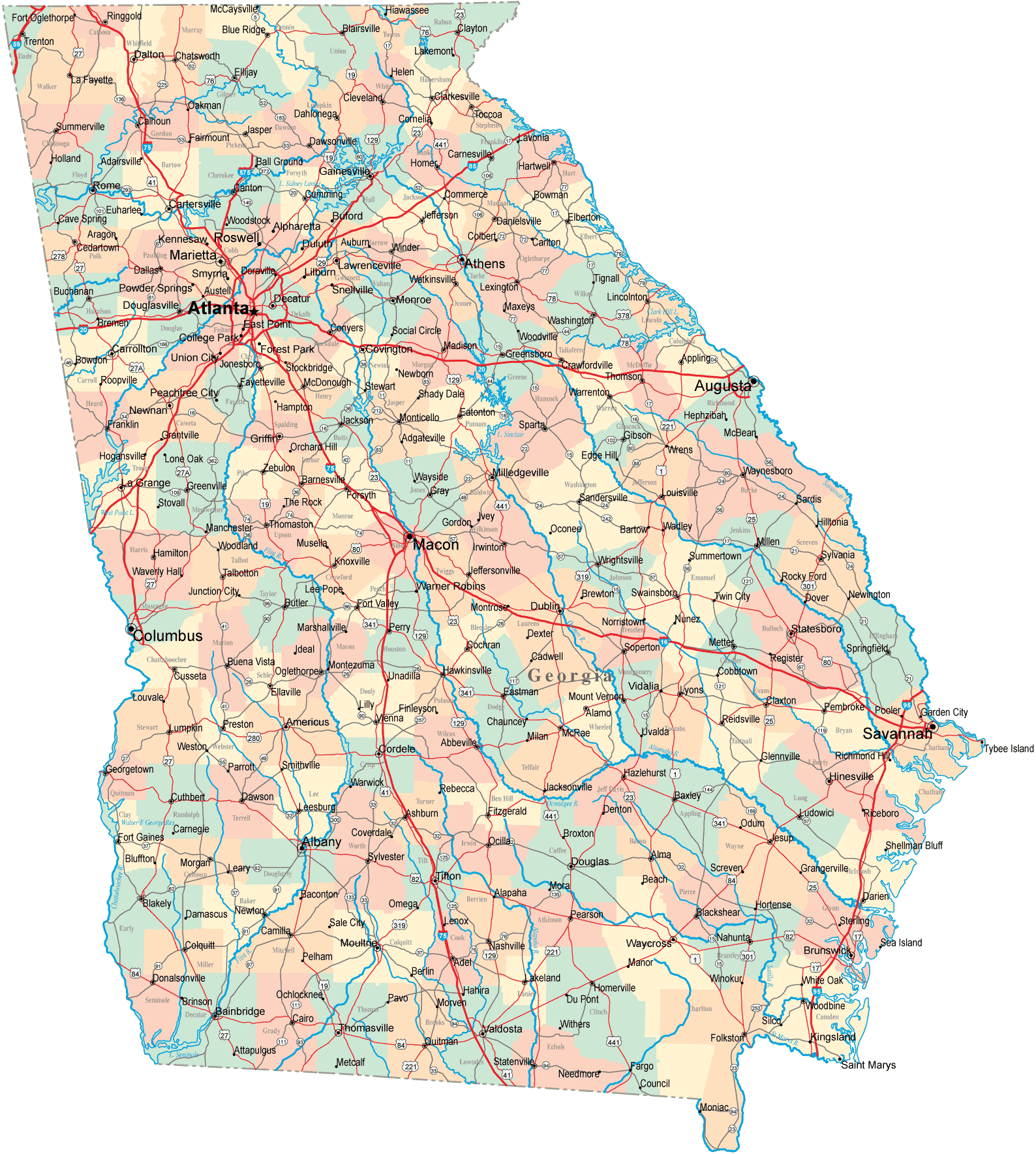 Georgia road map with cities