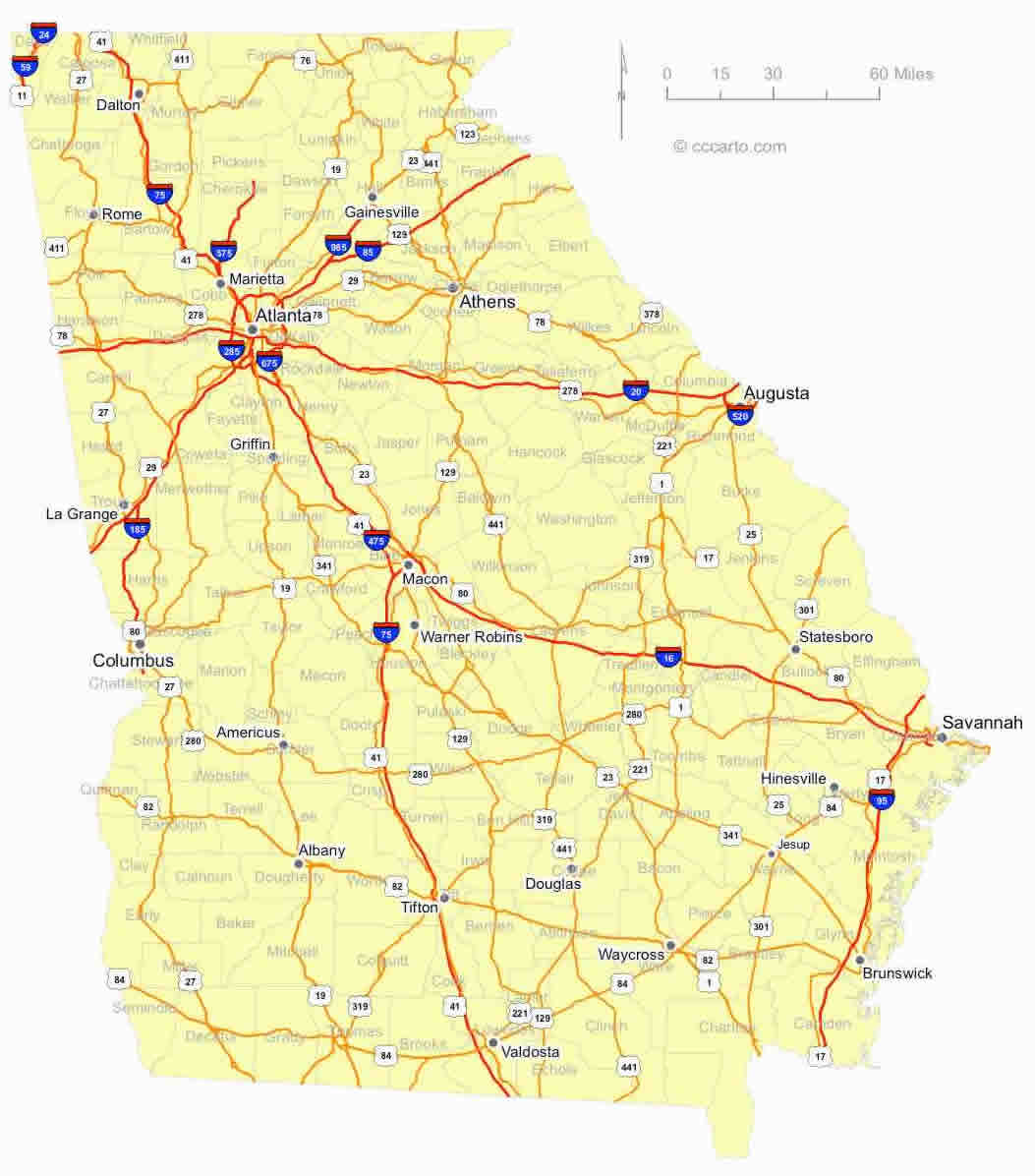 Georgia roads map with cities