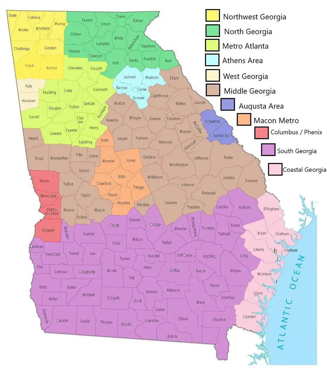 Regions map of Georgia with cities