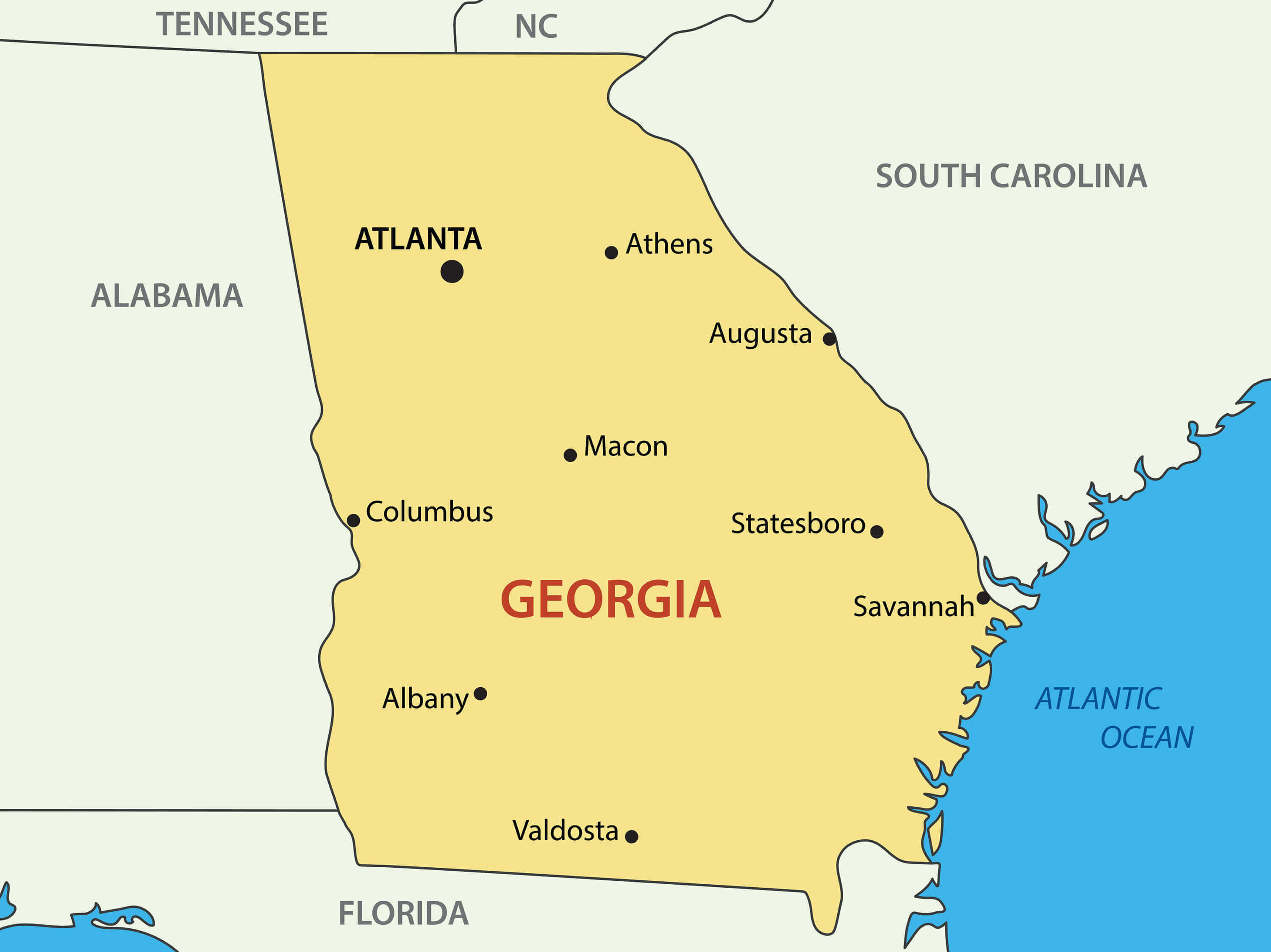 Georgia major cities map, including Atlanta, Augusta, Columbus, Savannah, Macon, and others.