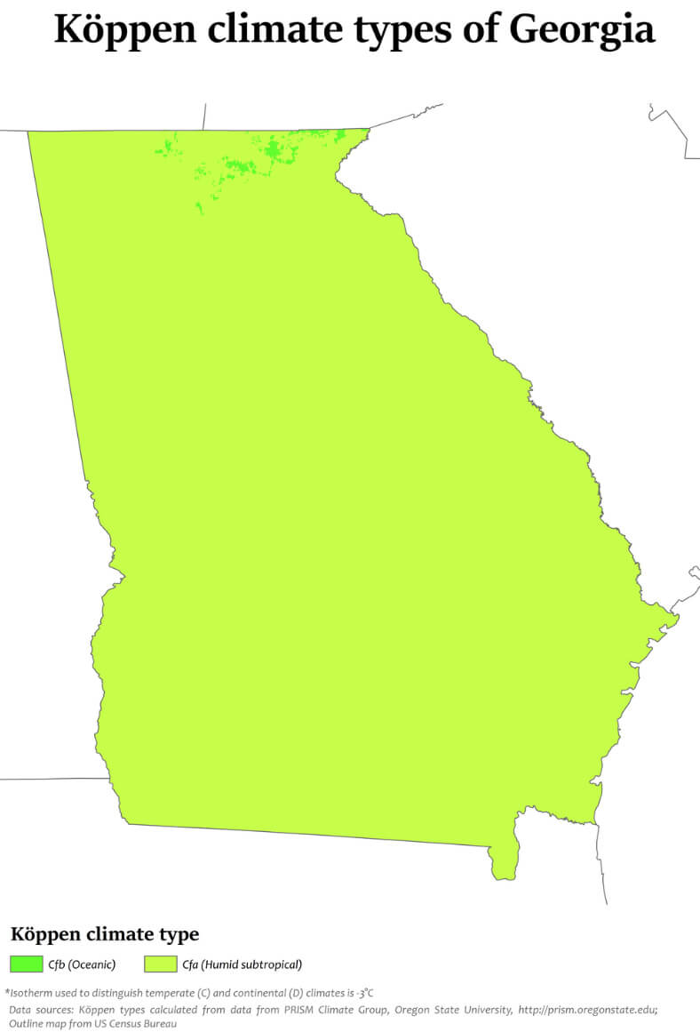 Georgia climate map with humid subtropical and oceanic zones