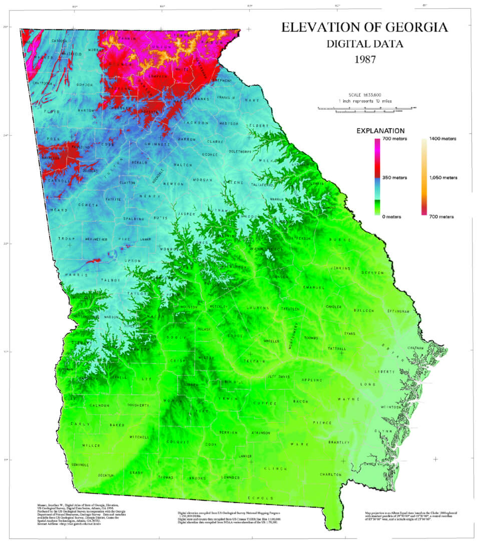 Georgia elevation map with varying colors representing altitude