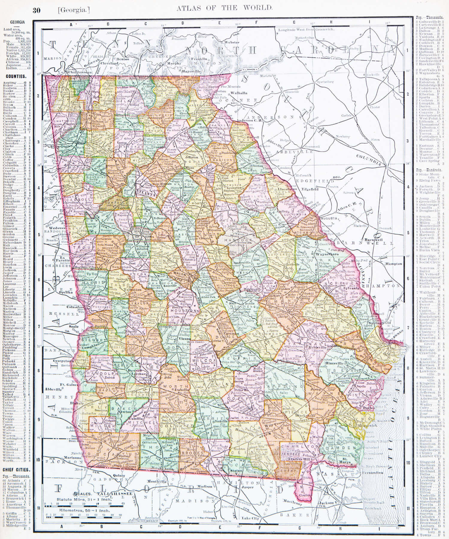 Georgia historical map of counties and cities in 1900