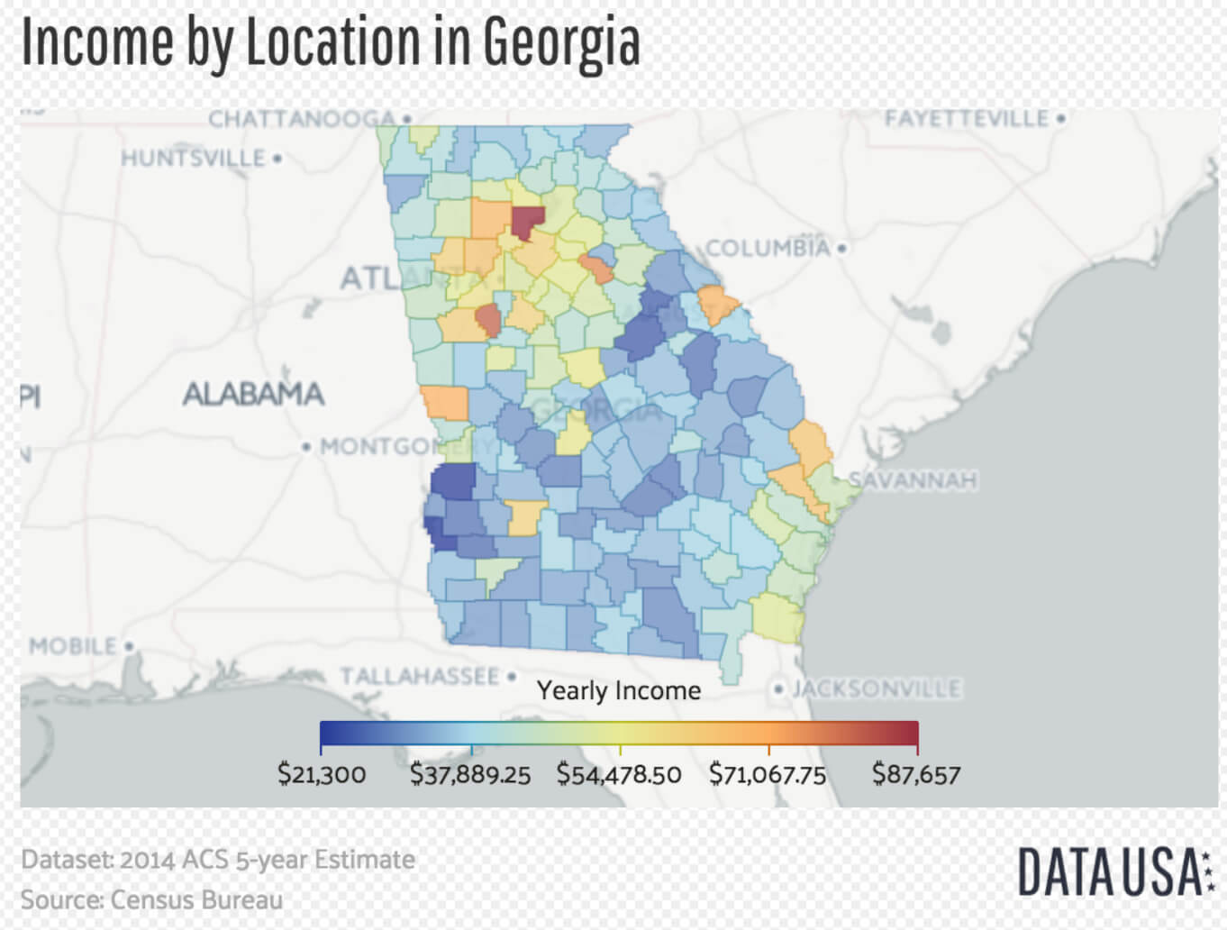 Georgia income map by location with yearly income levels