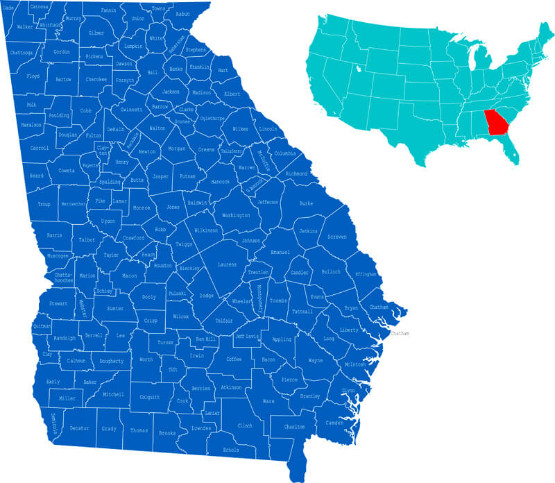 Georgia map within the USA, with all Georgia counties