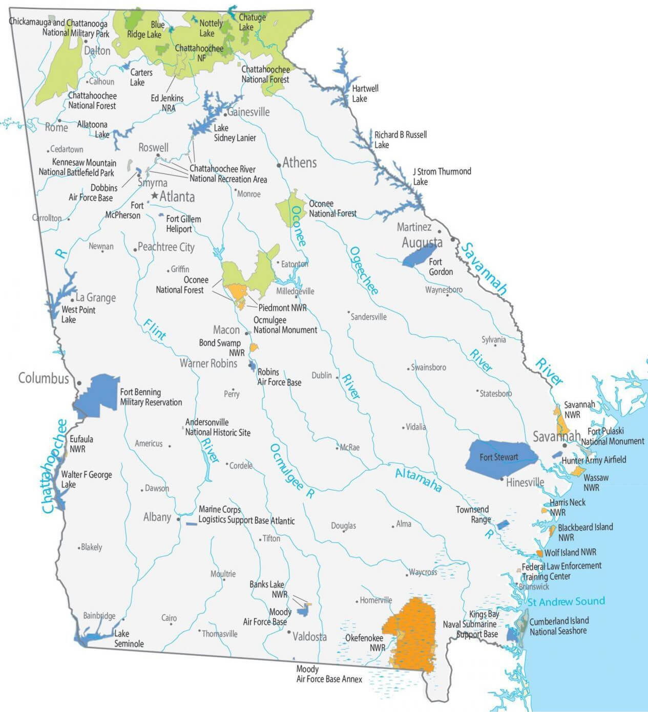 Map of Georgia with national parks and nature reserves