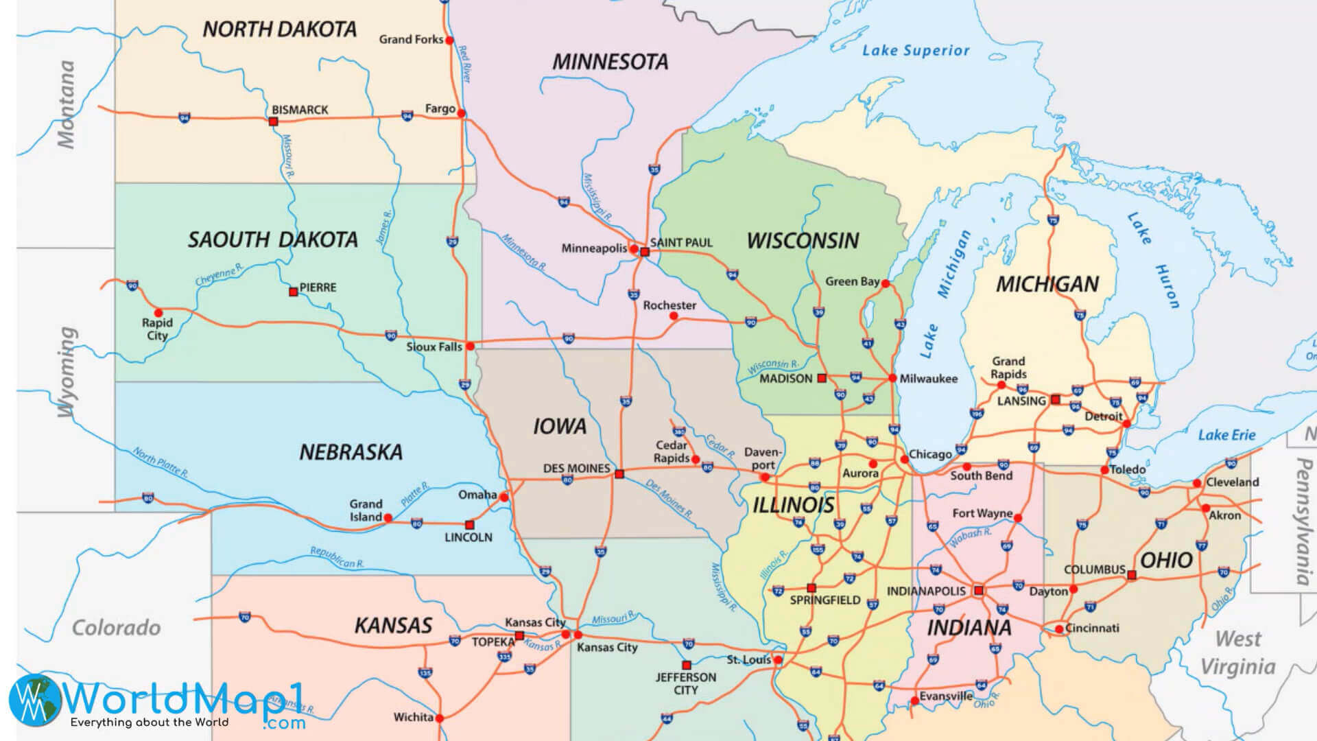 East northern US states map with Illinois