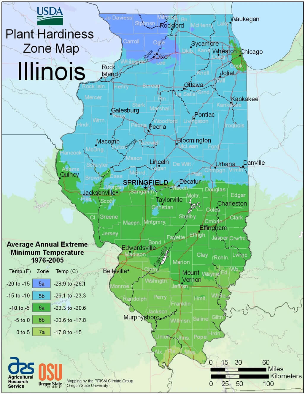 Illinois cities and plant hardiness zone map