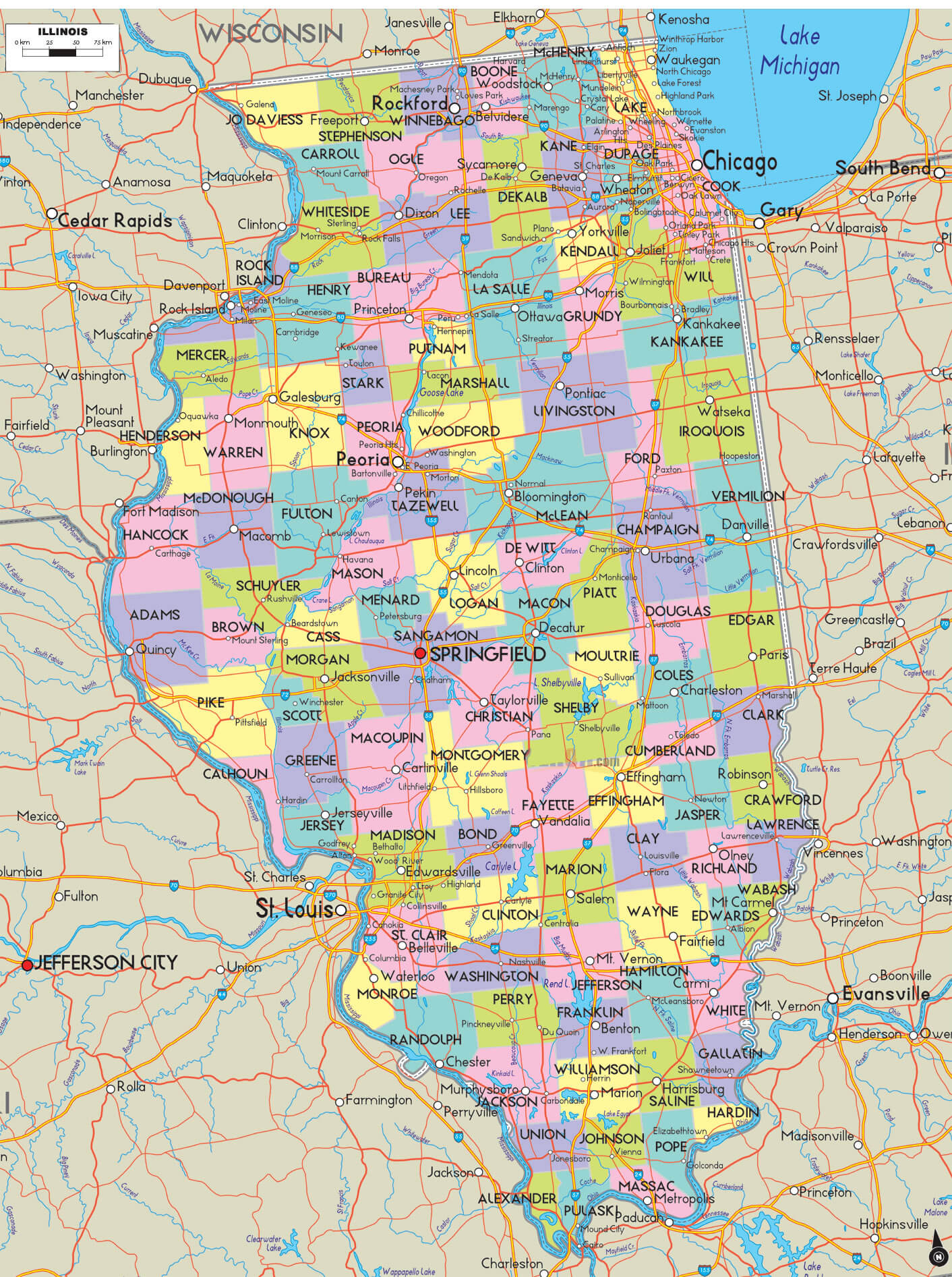 Illinois colorful state map with counties