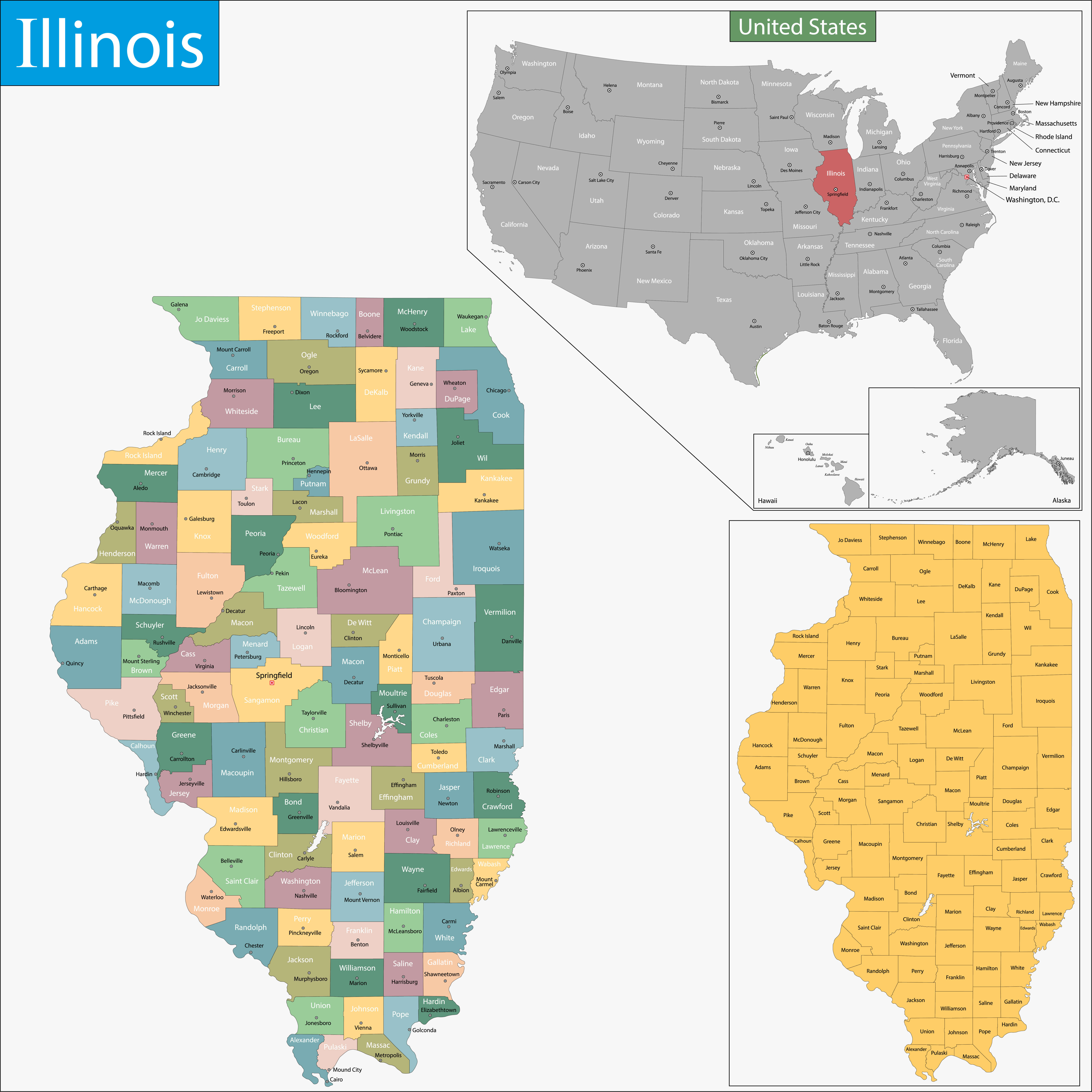 Illinois counties and cities map in the United States