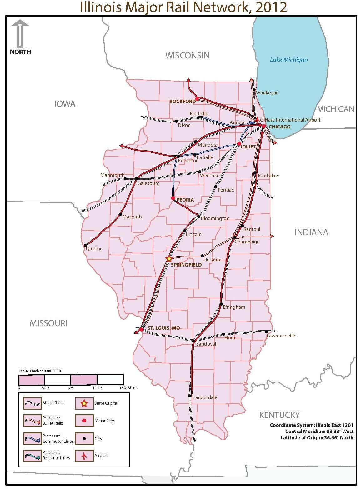 Illinois major cities and rail network map