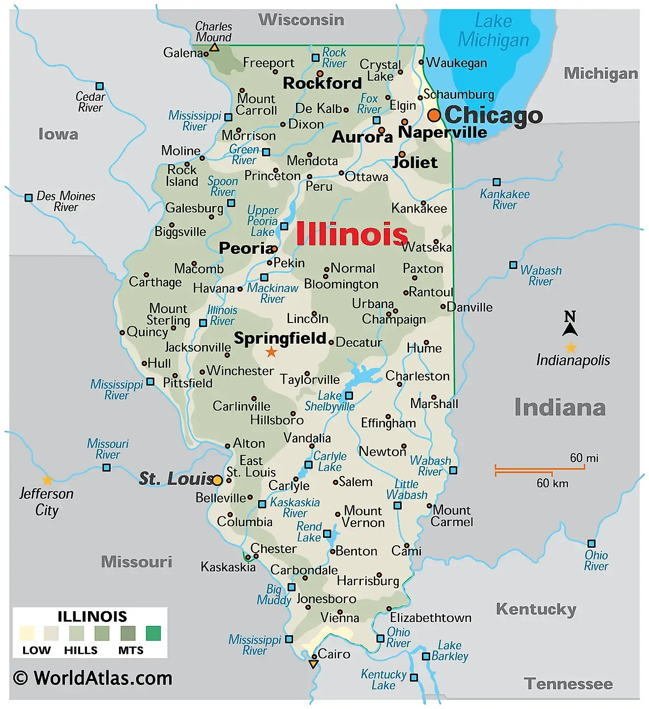 Illinois physical and cities map