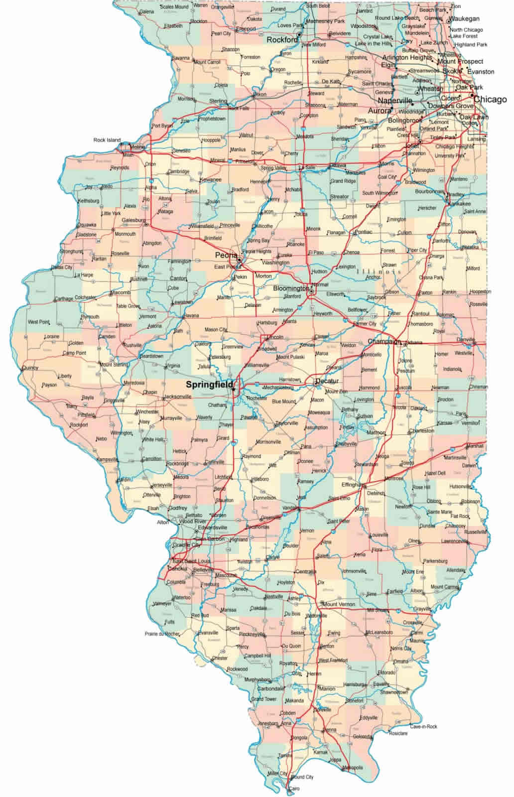 Illinois road map with cities