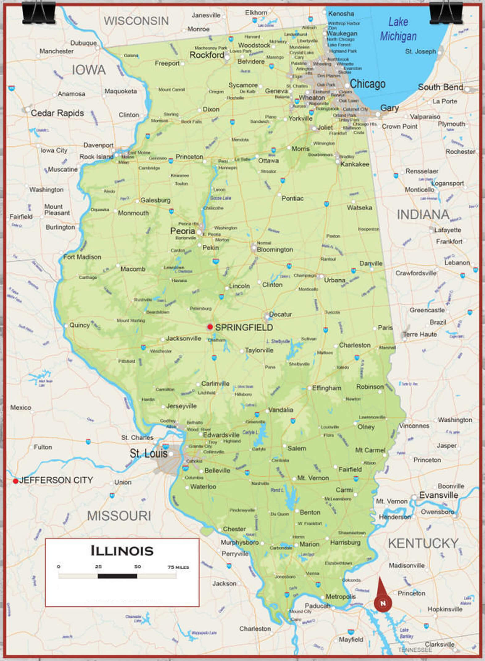 Illinois state physical cities map