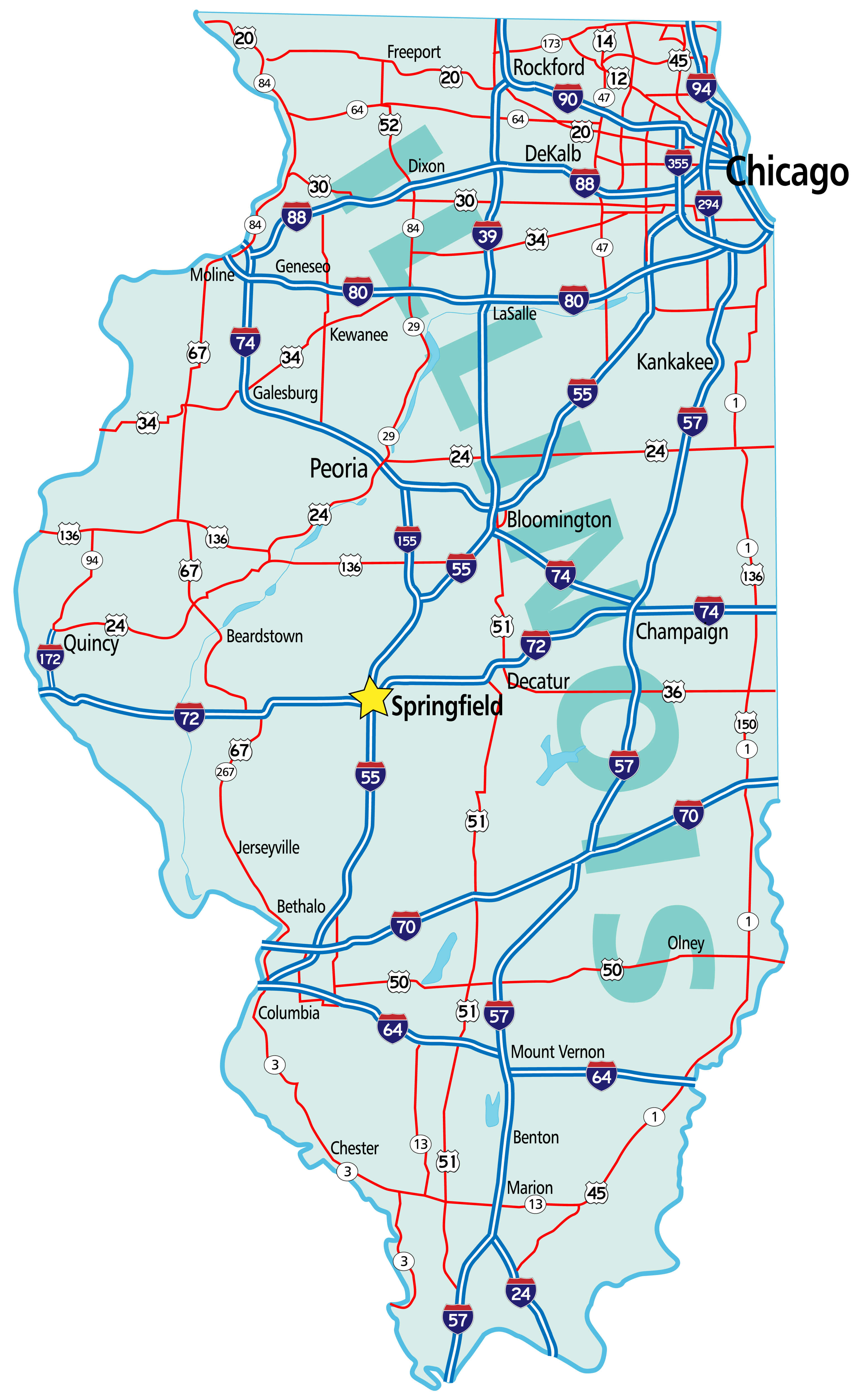 Illinois state roads map with Chicago