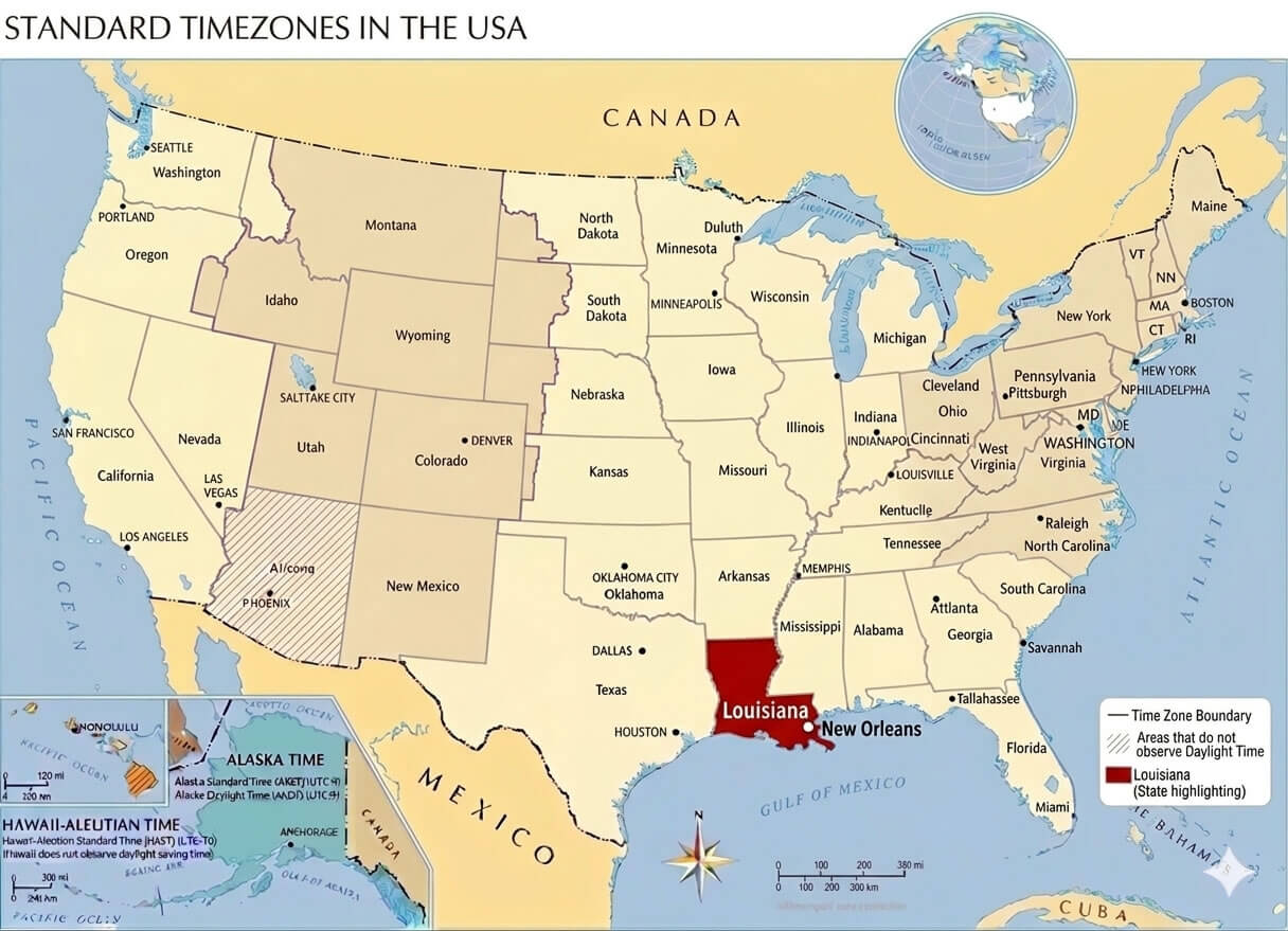 Louisiana time zone map