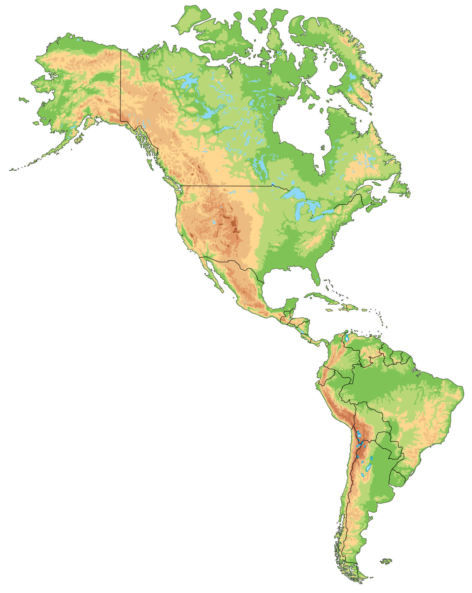 The United States and Americas physical map